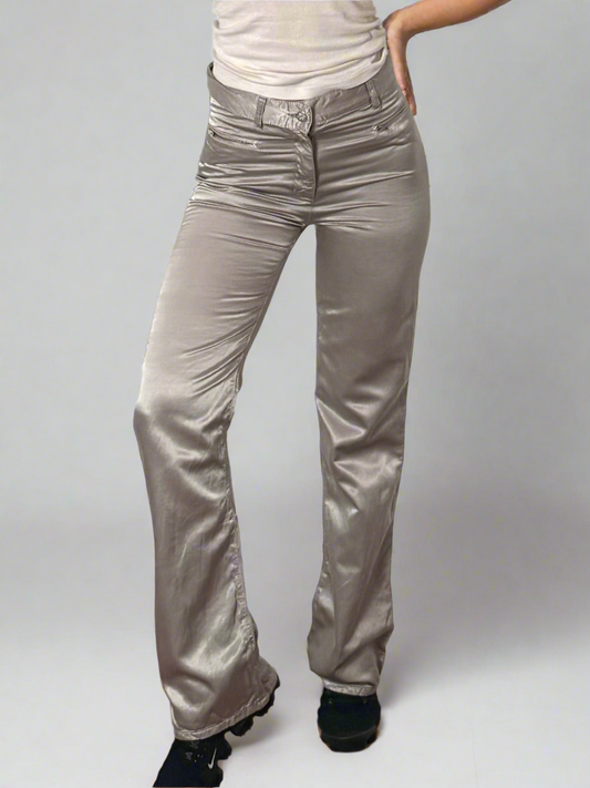 Vintage Cotton/Viscose Silver Gray Satin Y2K Mid Waist Trousers XS/S EU 34
