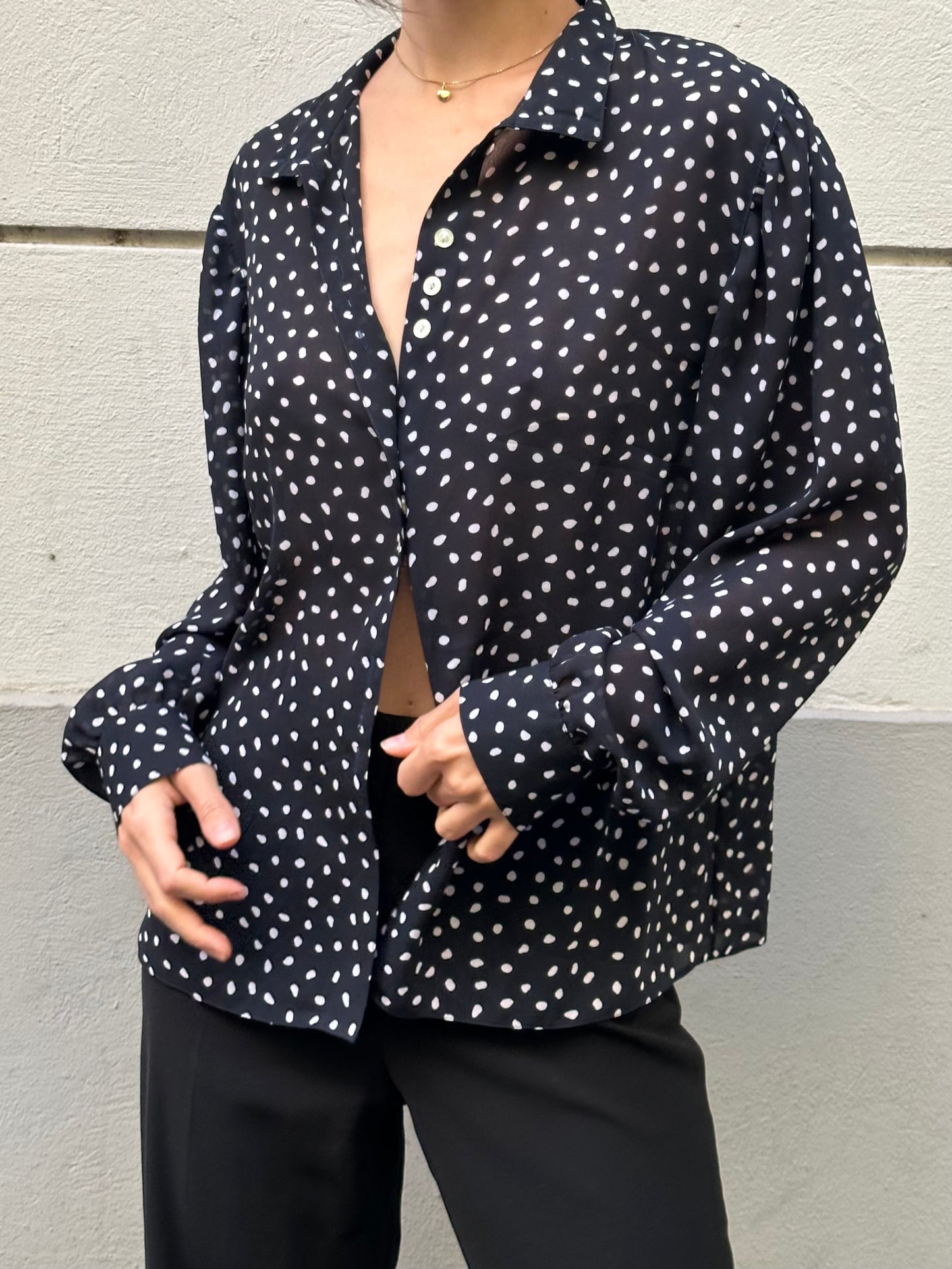 Vintage Navy Blue & White Polka Dots Blouse M