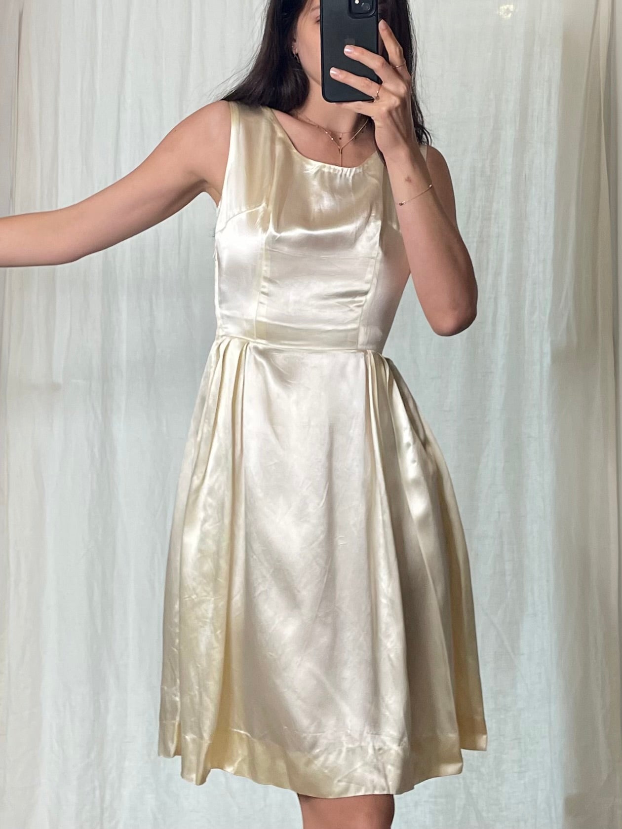 Vintage Tailor Made Silk Satin Cream Midi Dress XS