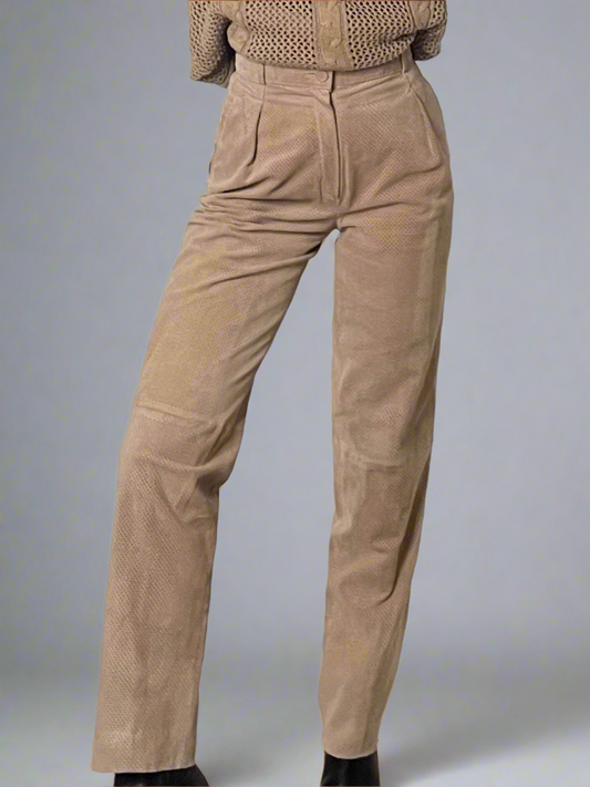Vintage 100% Genuine Leather Beige High Waister Perforated Trousers XS EU 34