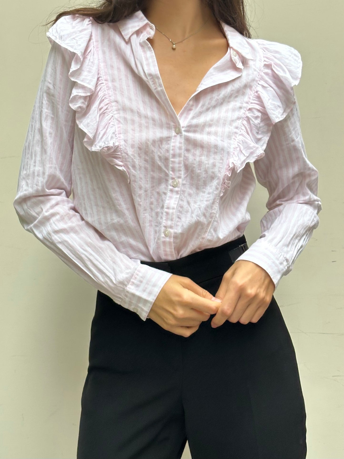 Pink & White Stripe Ruffle Front Long Sleeve Blouse S