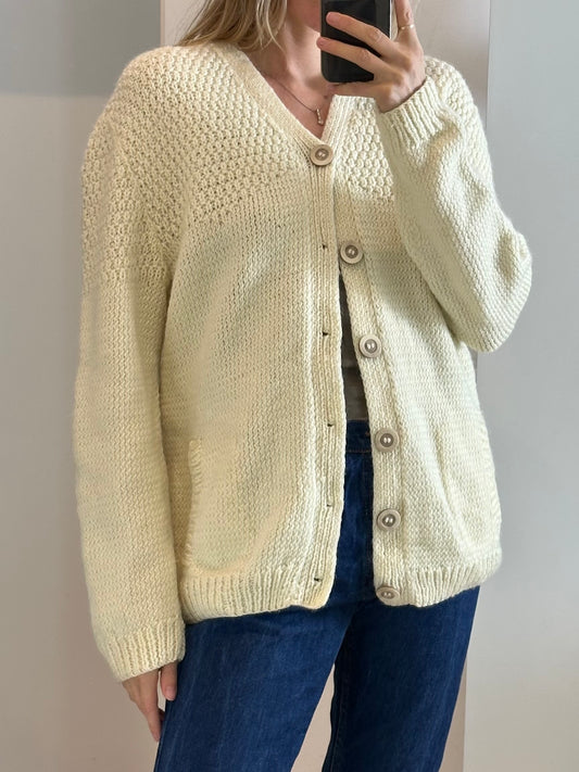 Hand knit Cream Cardigan L