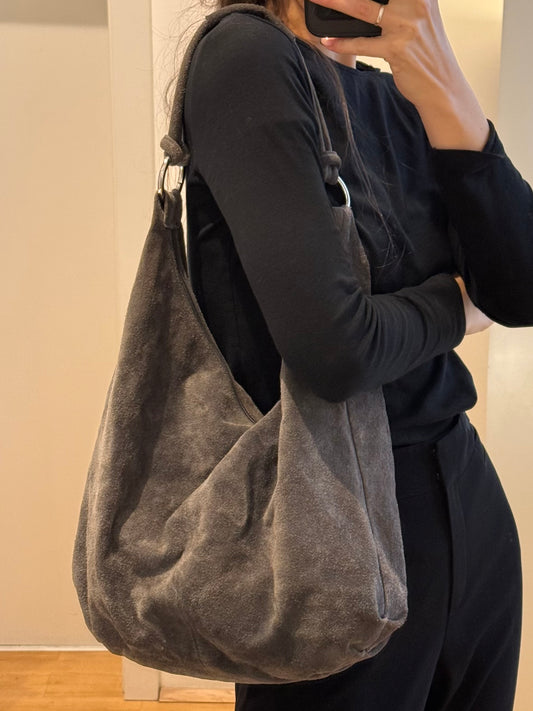 100% Genuine Suede Gray & Silver Buckle Hobo Bag L