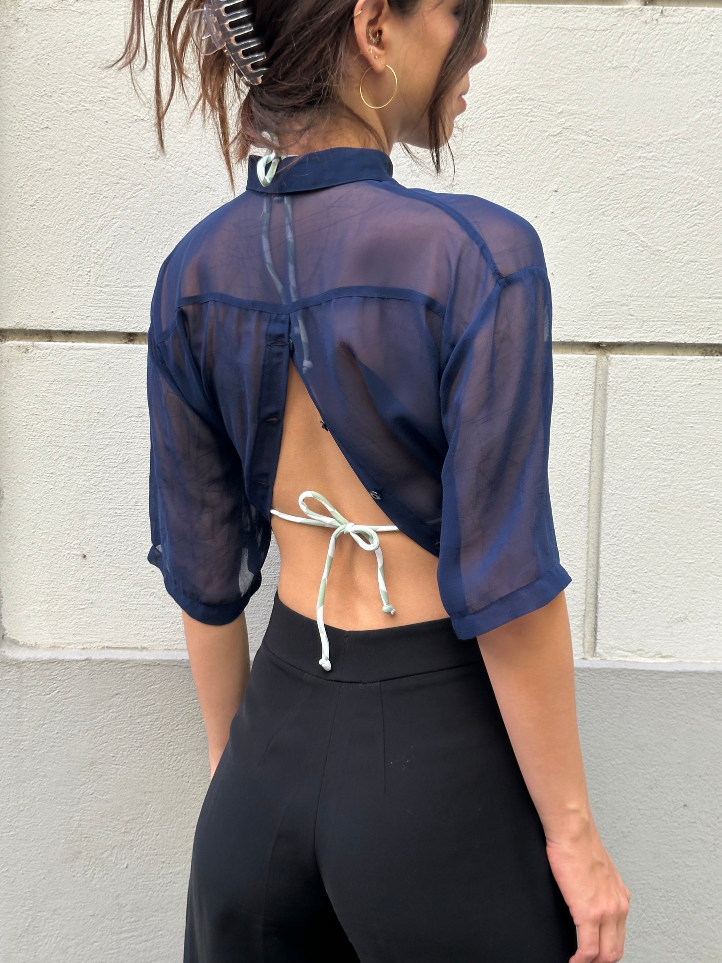 Vintage Blue Sheer Button Back Open Front Blouse M