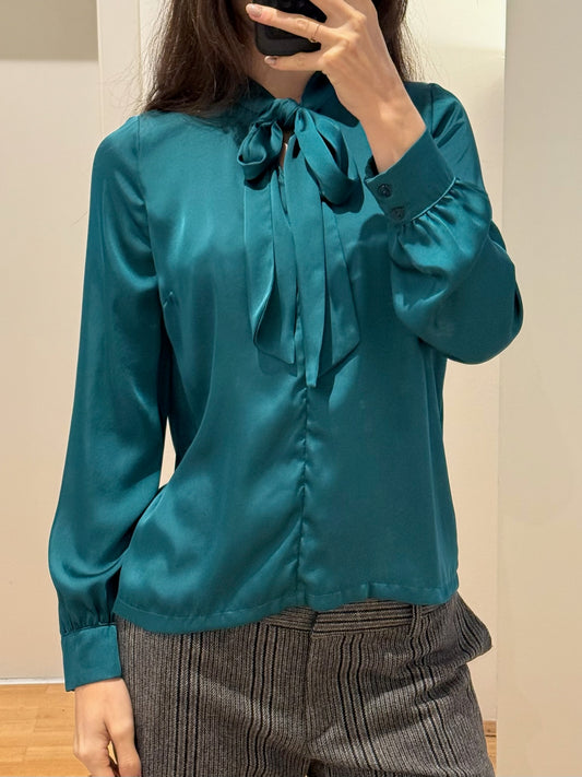 Vintage 100% Silk Teal Bow Long Sleeve Blouse S