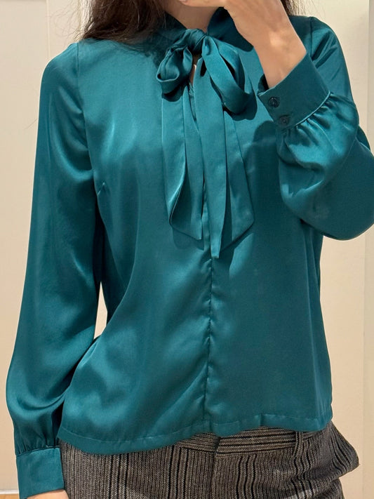 Vintage 100% Silk Teal Bow Long Sleeve Blouse S