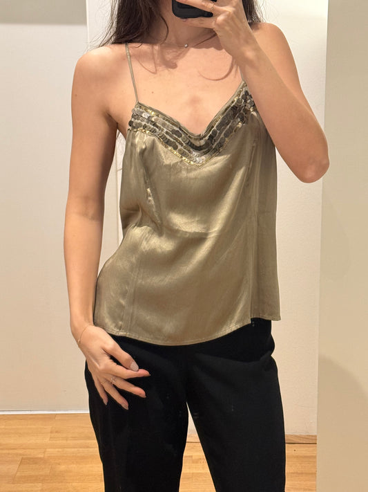 Shiny Taupe Silk Beaded Tank Top S/M
