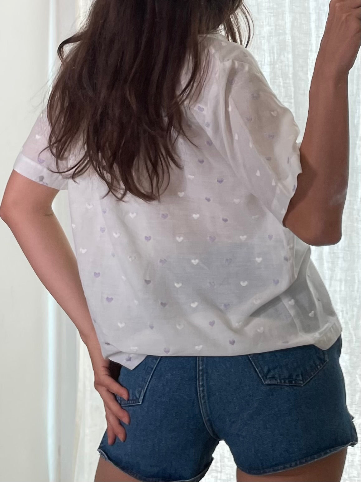 Vintage White Purple Heart Short Sleeve Shirt Blouse S