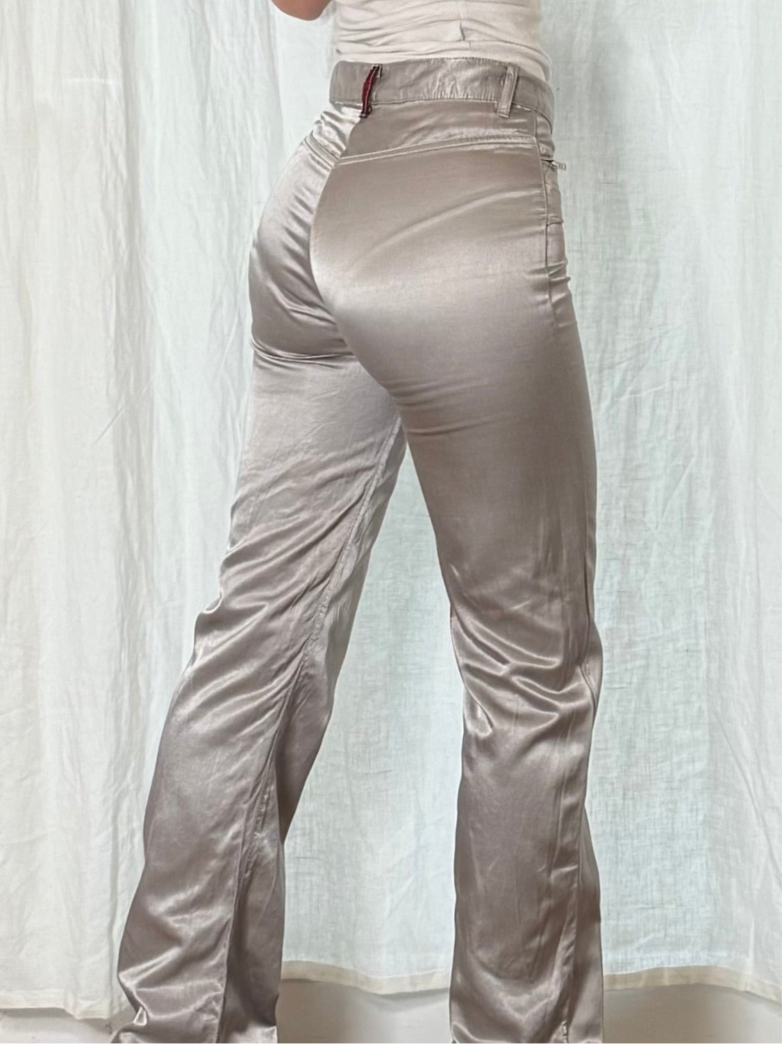 Vintage Cotton/Viscose Silver Gray Satin Y2K Mid Waist Trousers XS/S EU 34