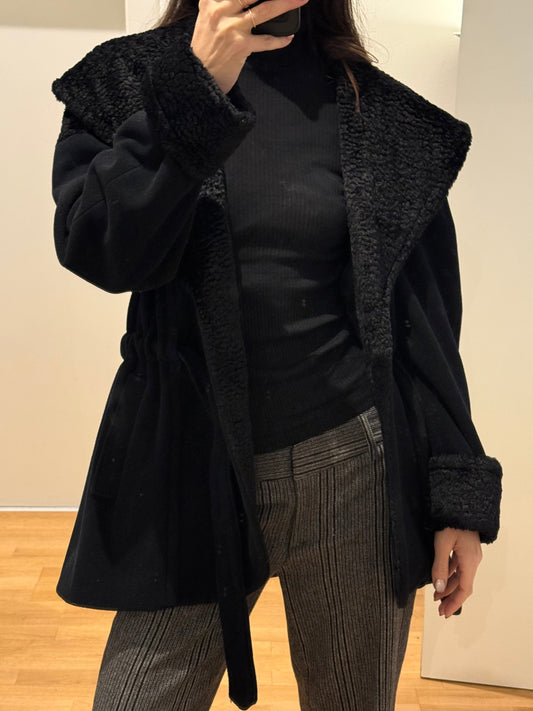 Vintage Black Wool Blend Belted Short Coat M