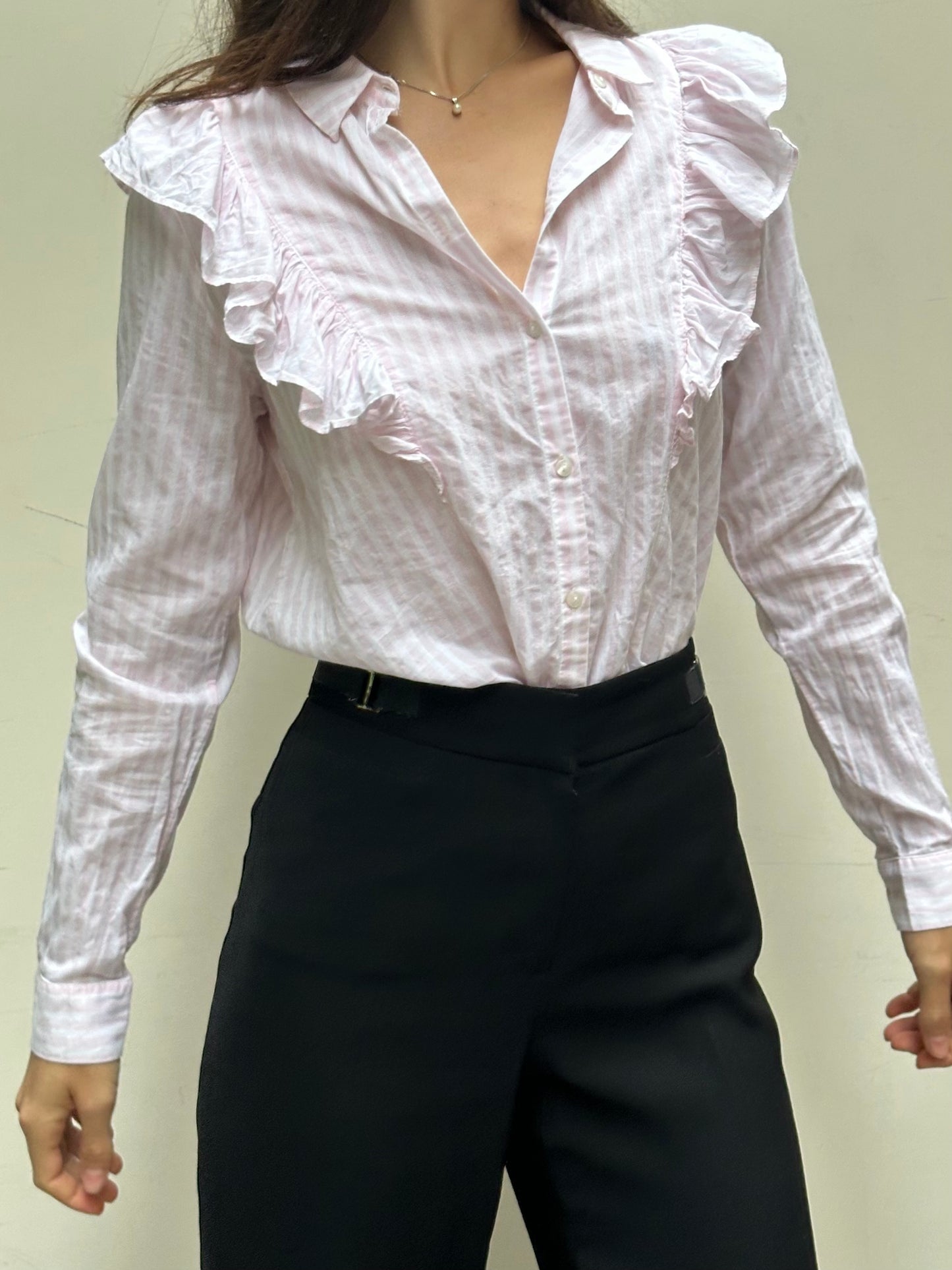 Pink & White Stripe Ruffle Front Long Sleeve Blouse S