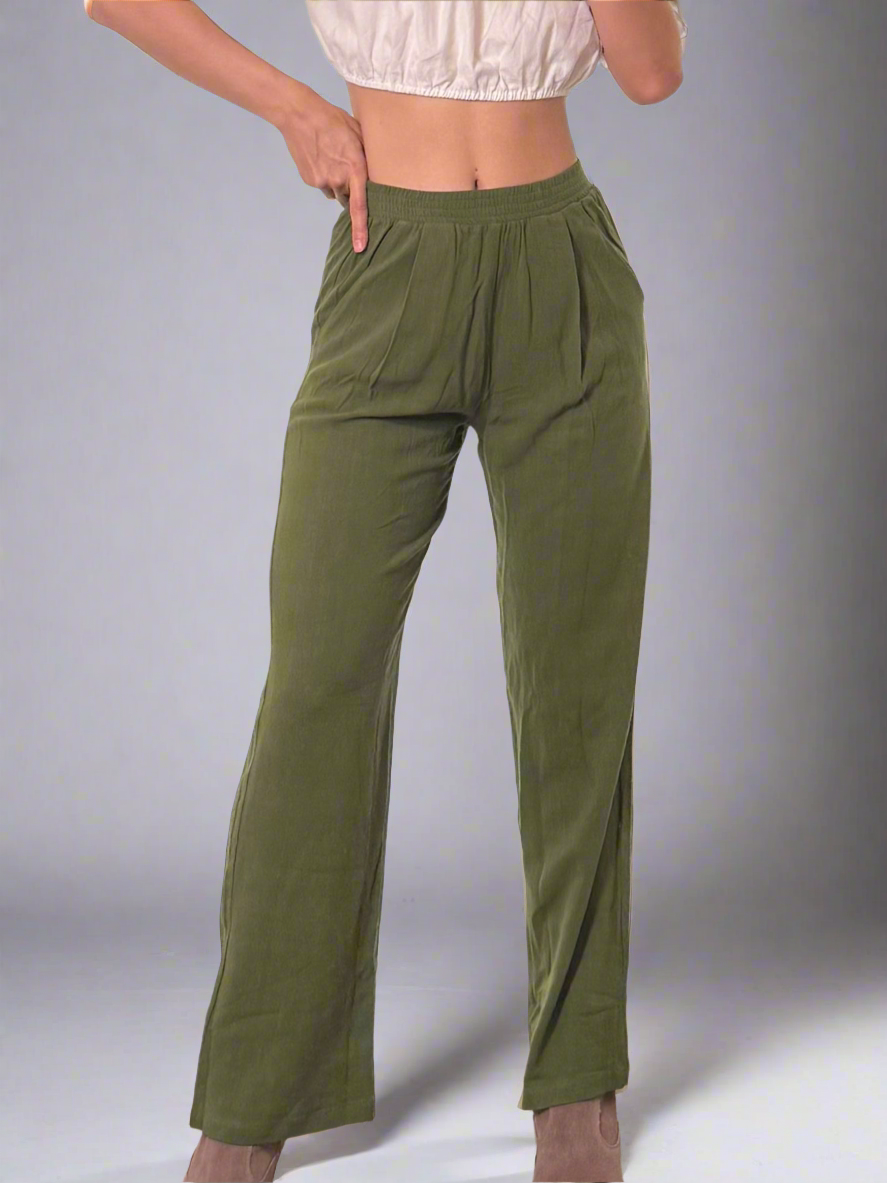 Cotton High Waisted Olive Green High Waisted Straight Leg Trousers