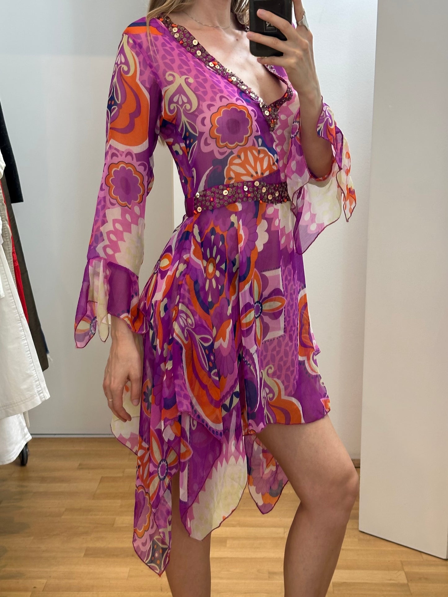 Colourful Printed Pink Multicolour Tunic Sheer Top S