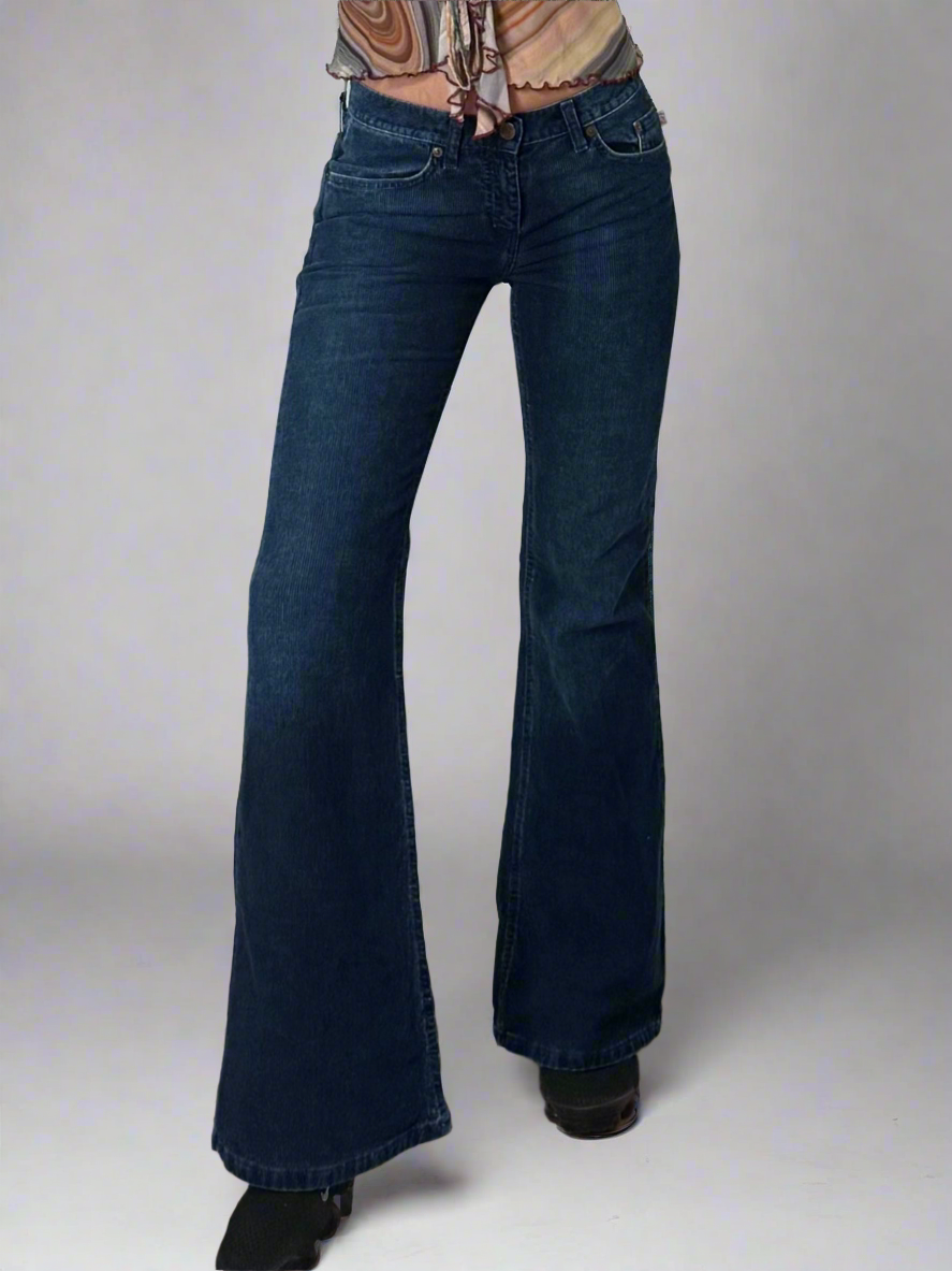 Vintage Blue Corduroy Low Waist Flared Trousers XS/S EU 34