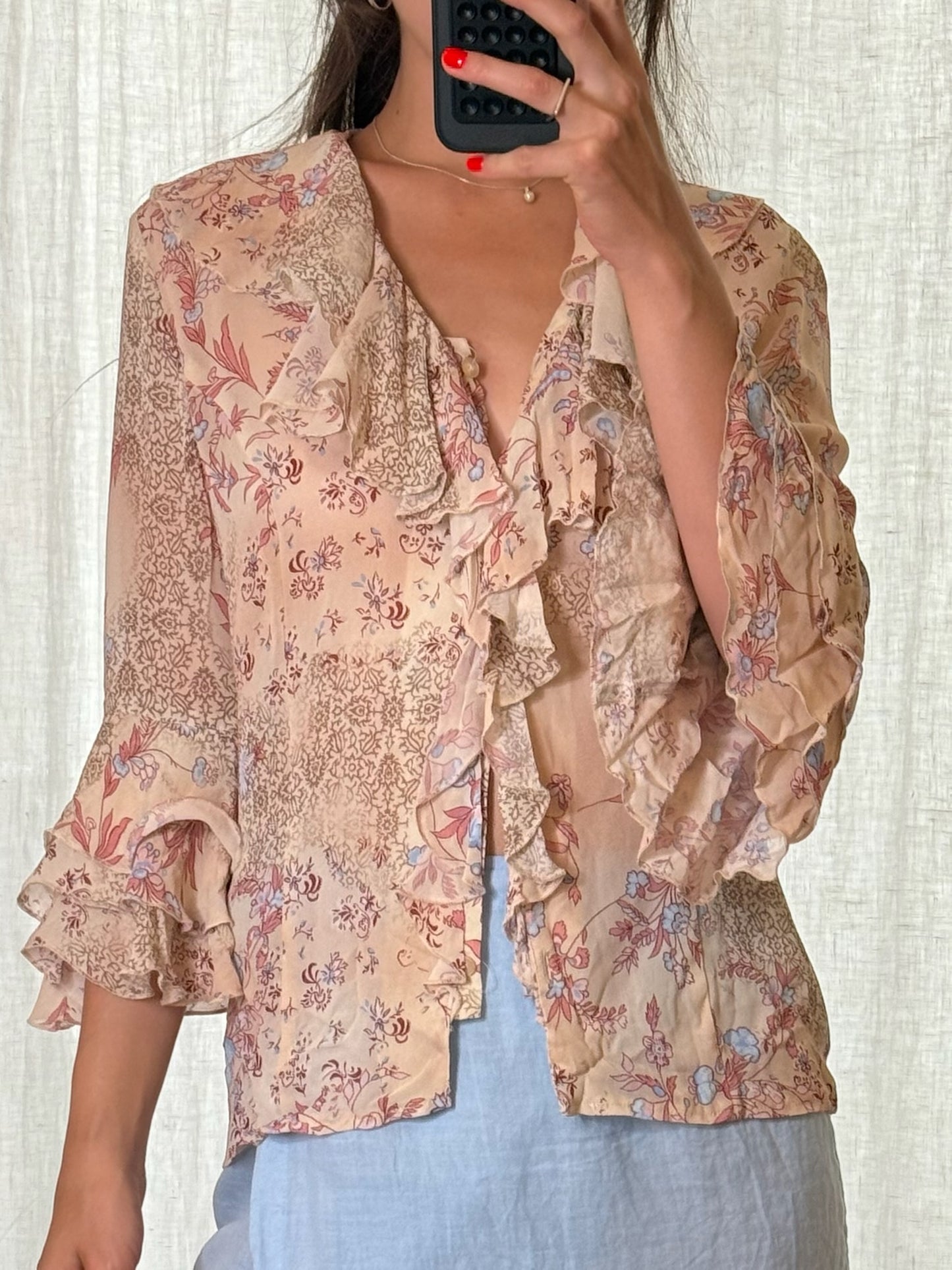 Vintage Floral Viscose Ruffle Blouse S/M