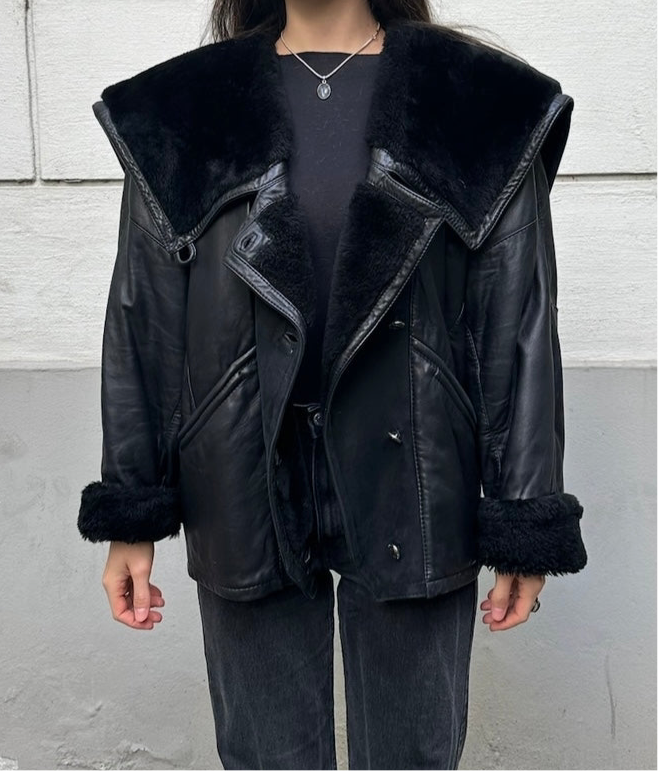 Vintage Black Short 100% Genuine Shearling & Leather Jacket M