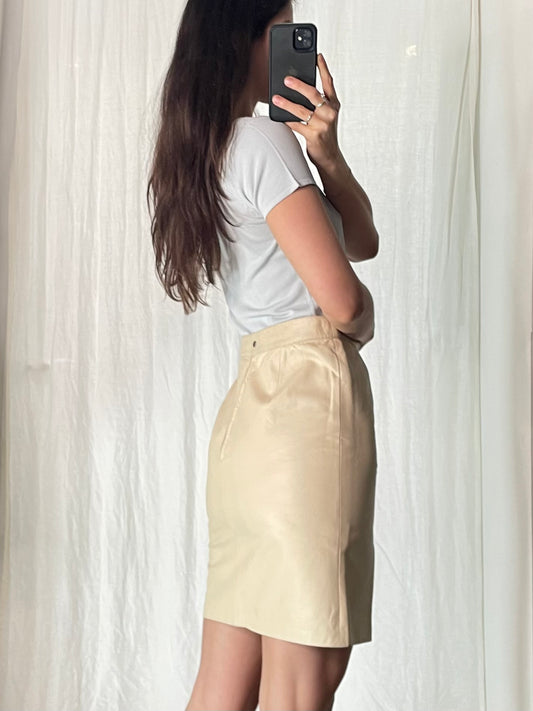 Vintage 100% Genuine Leather High Waisted Cream Skirt S
