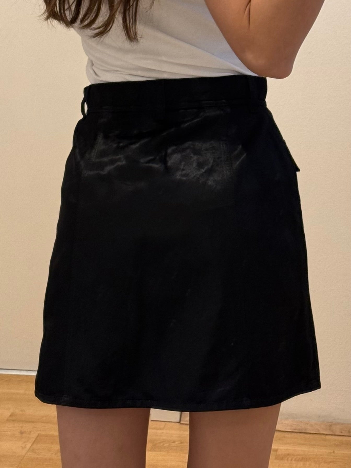 Vintage Black Satin Button Front Mini Skirt XS/S