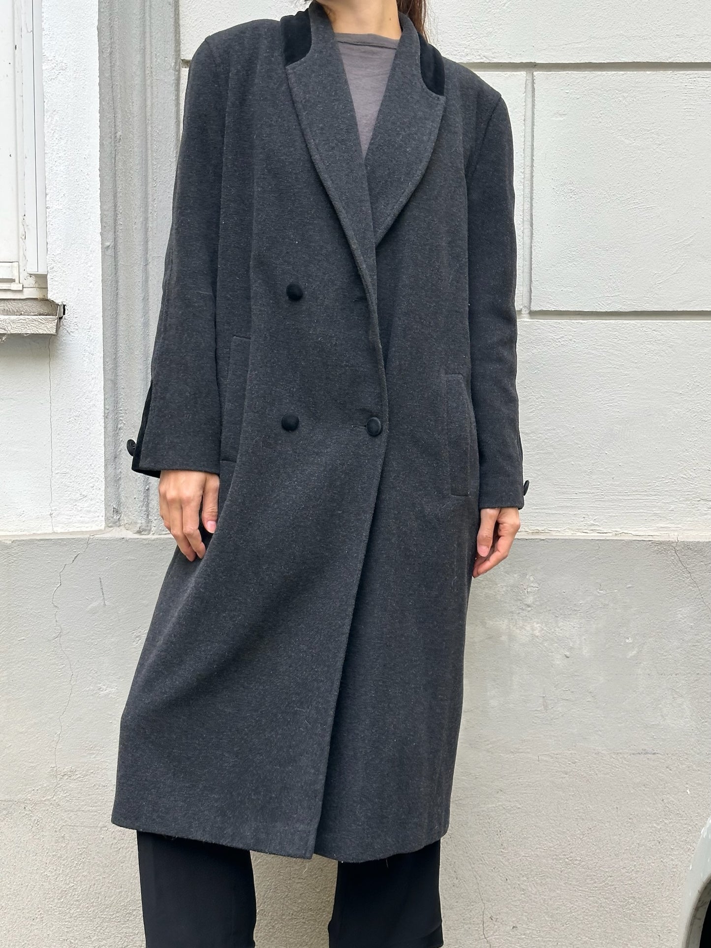 Vintage Wool Blend Gray & Velvet Collar Maxi Coat M