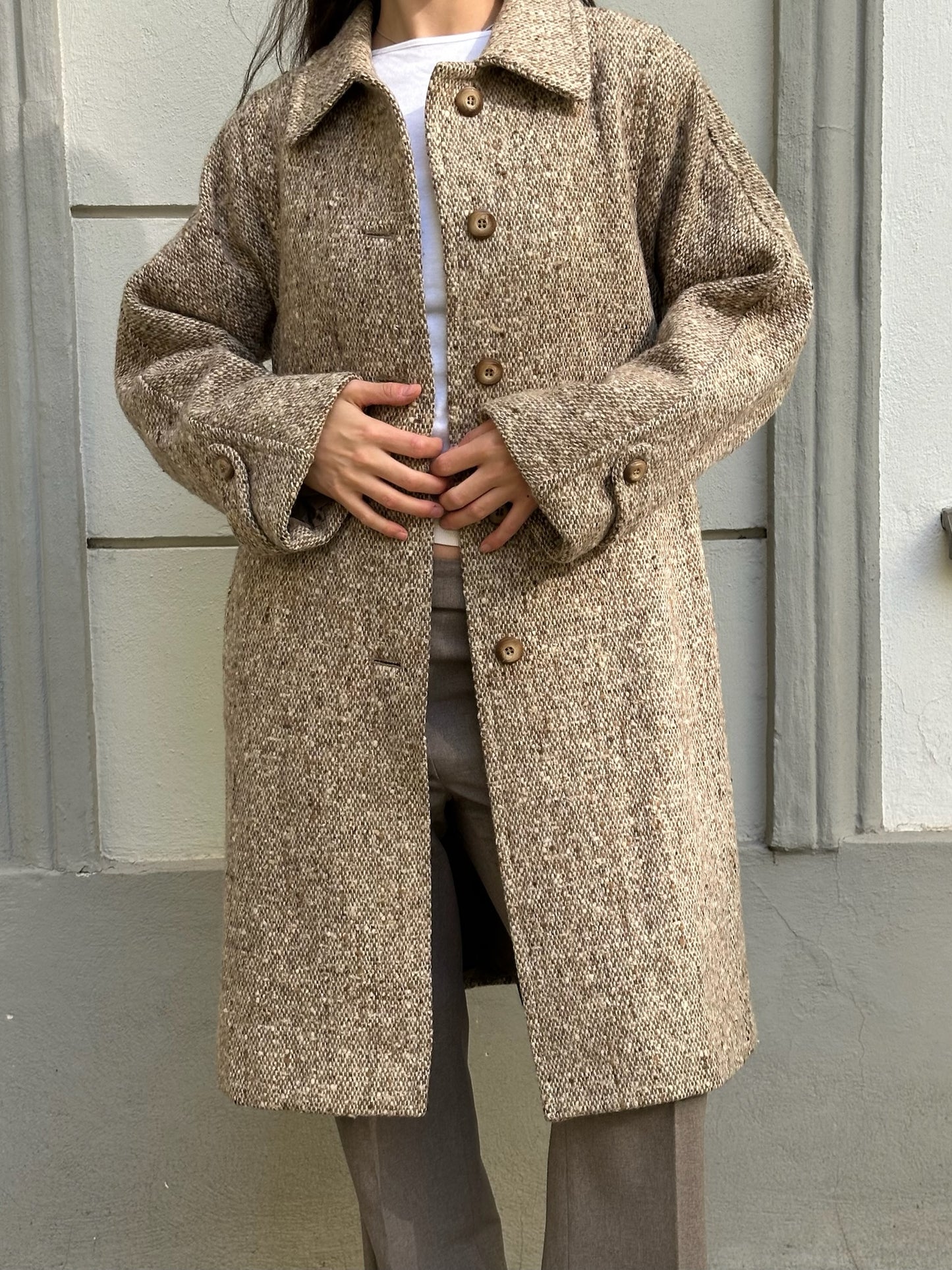 Vintage 100% Wool Light Brown/Beige Belted Coat M