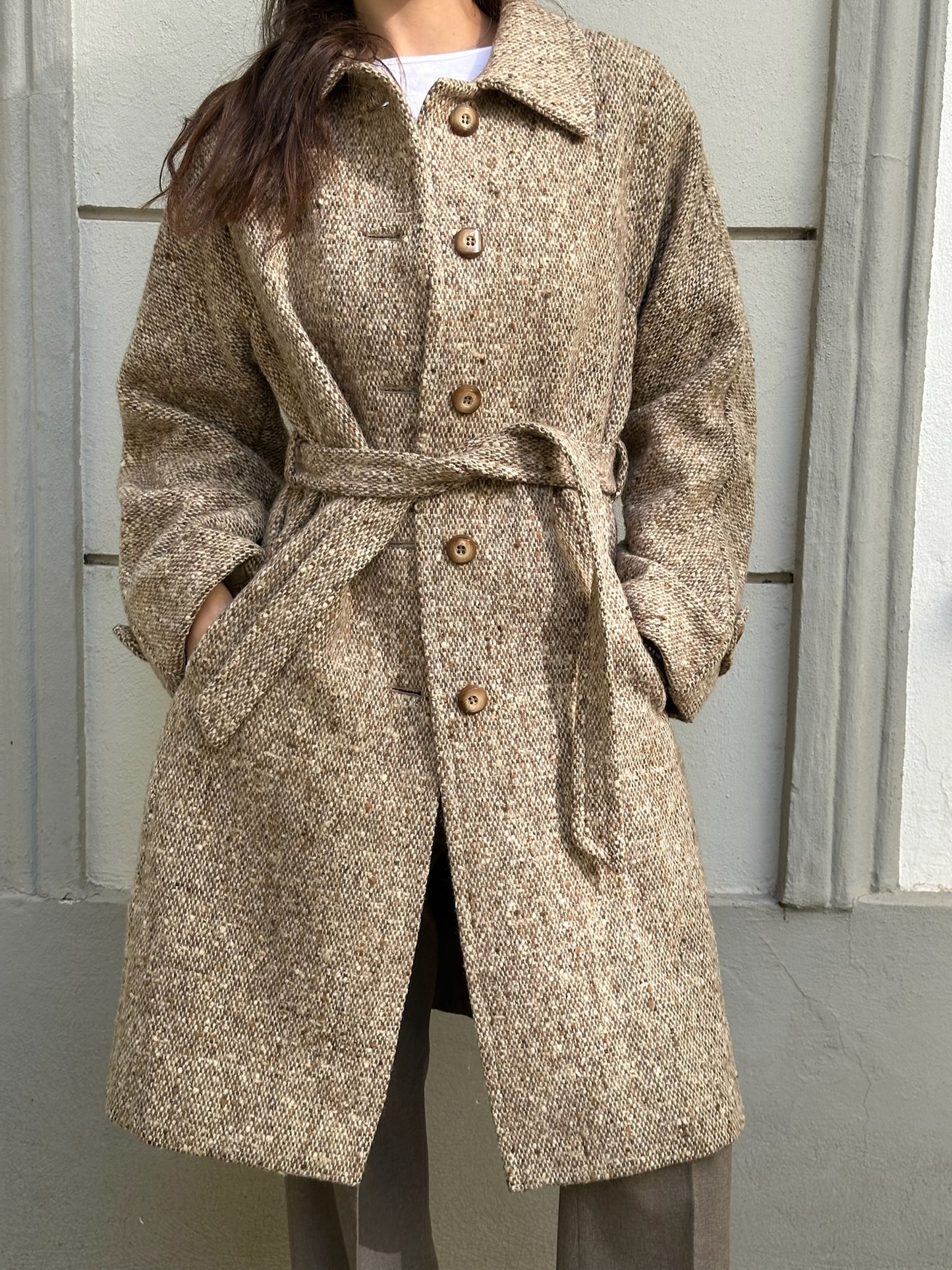 Vintage 100% Wool Light Brown/Beige Belted Coat M