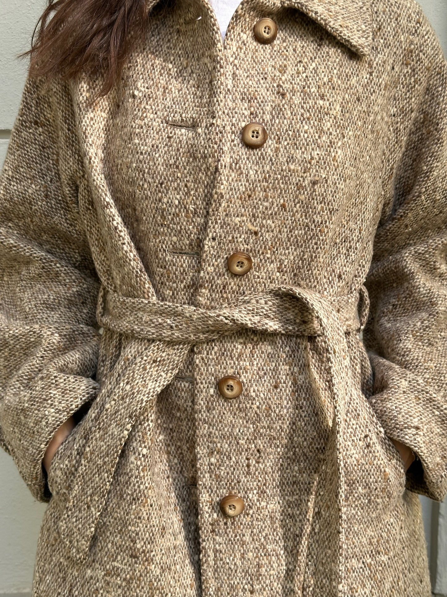 Vintage 100% Wool Light Brown/Beige Belted Coat M