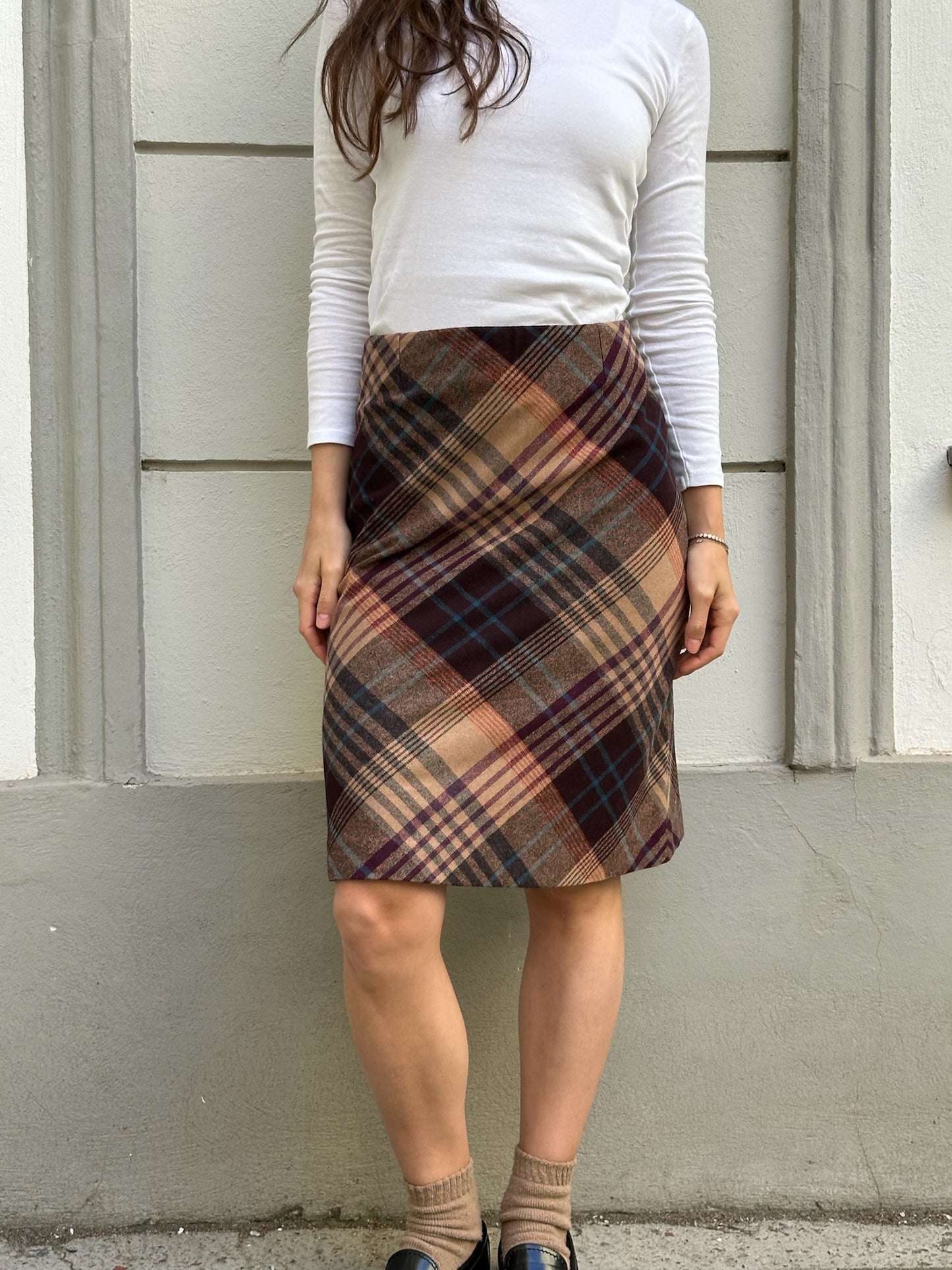 Vintage Wool Blend Plaid Knee Length Skirt S