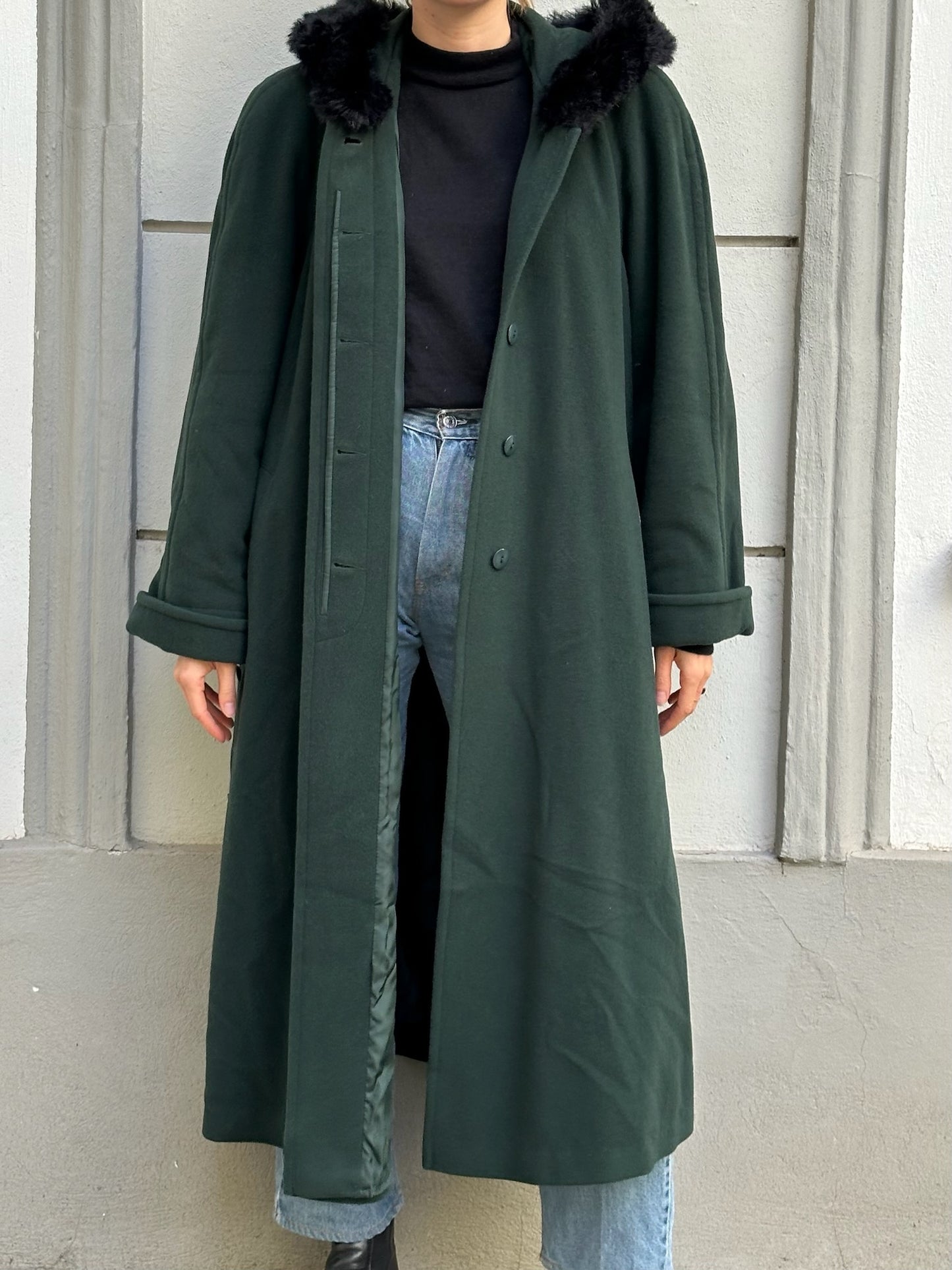 Vintage Wool Blend Forest Green Faux Fur Trim Maxi Coat L/XL