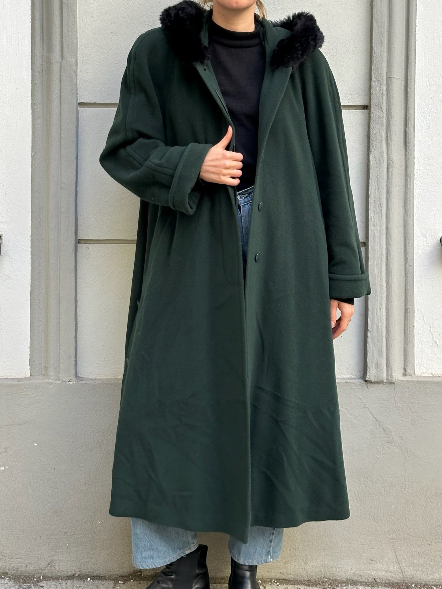 Vintage Wool Blend Forest Green Faux Fur Trim Maxi Coat L/XL