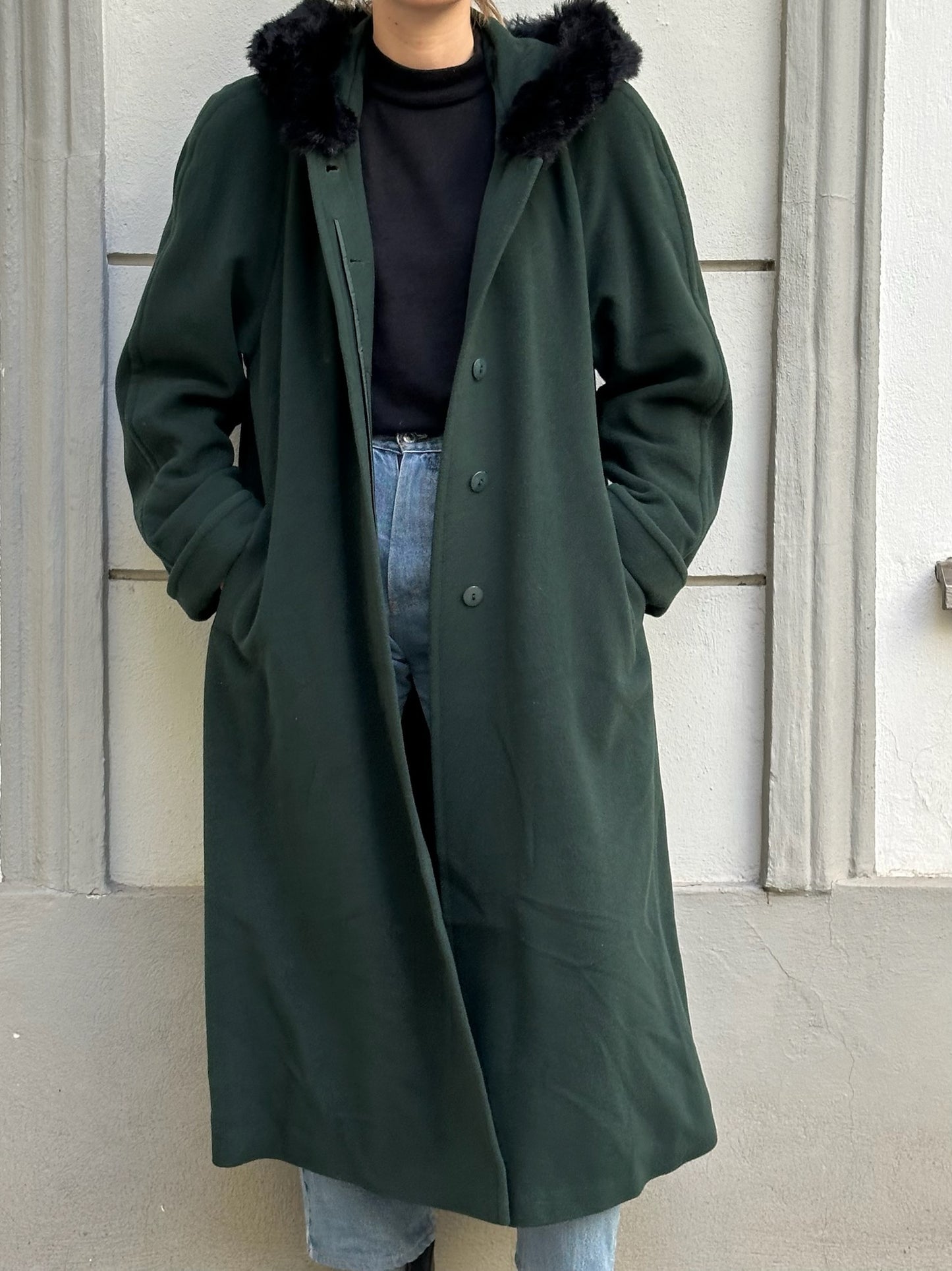 Vintage Wool Blend Forest Green Faux Fur Trim Maxi Coat L/XL
