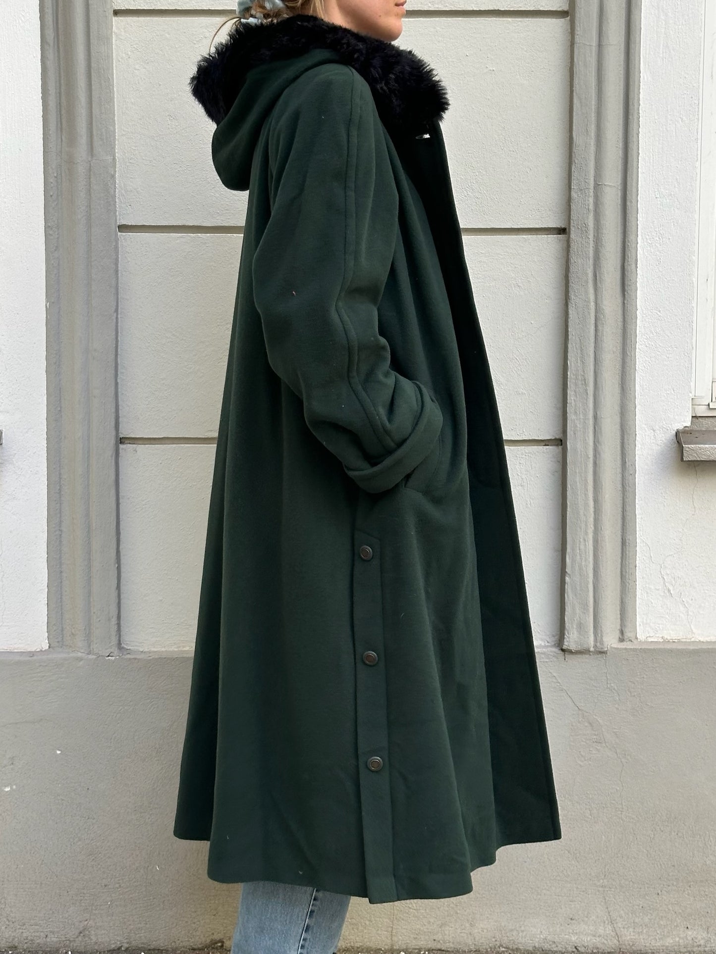 Vintage Wool Blend Forest Green Faux Fur Trim Maxi Coat L/XL