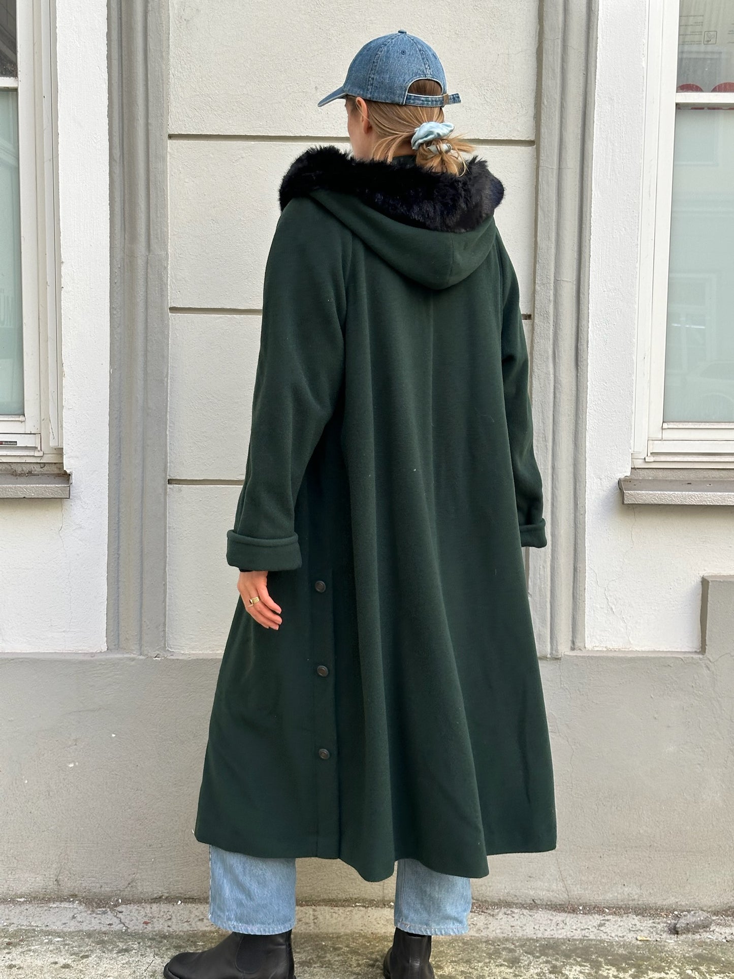 Vintage Wool Blend Forest Green Faux Fur Trim Maxi Coat L/XL