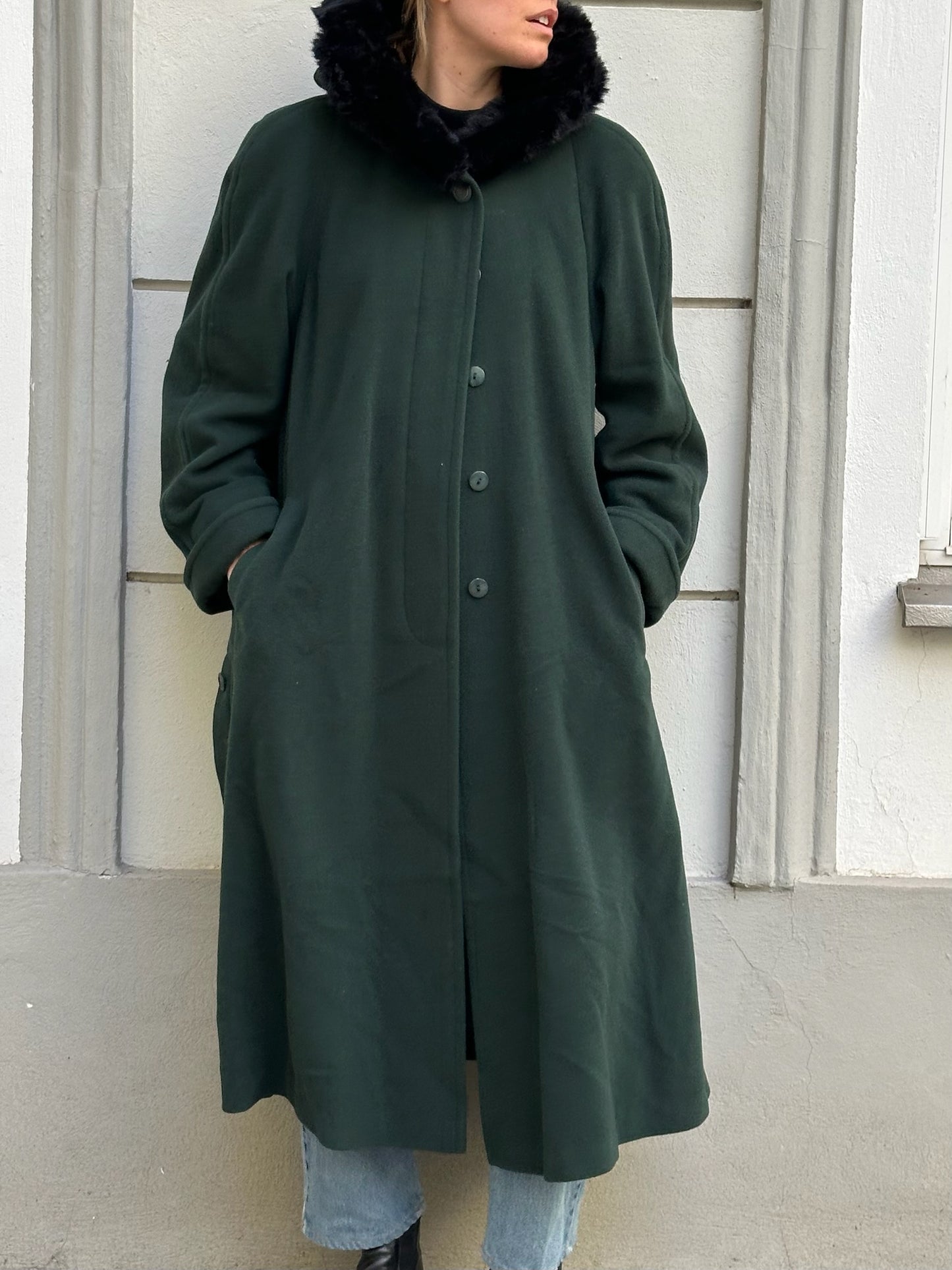 Vintage Wool Blend Forest Green Faux Fur Trim Maxi Coat L/XL
