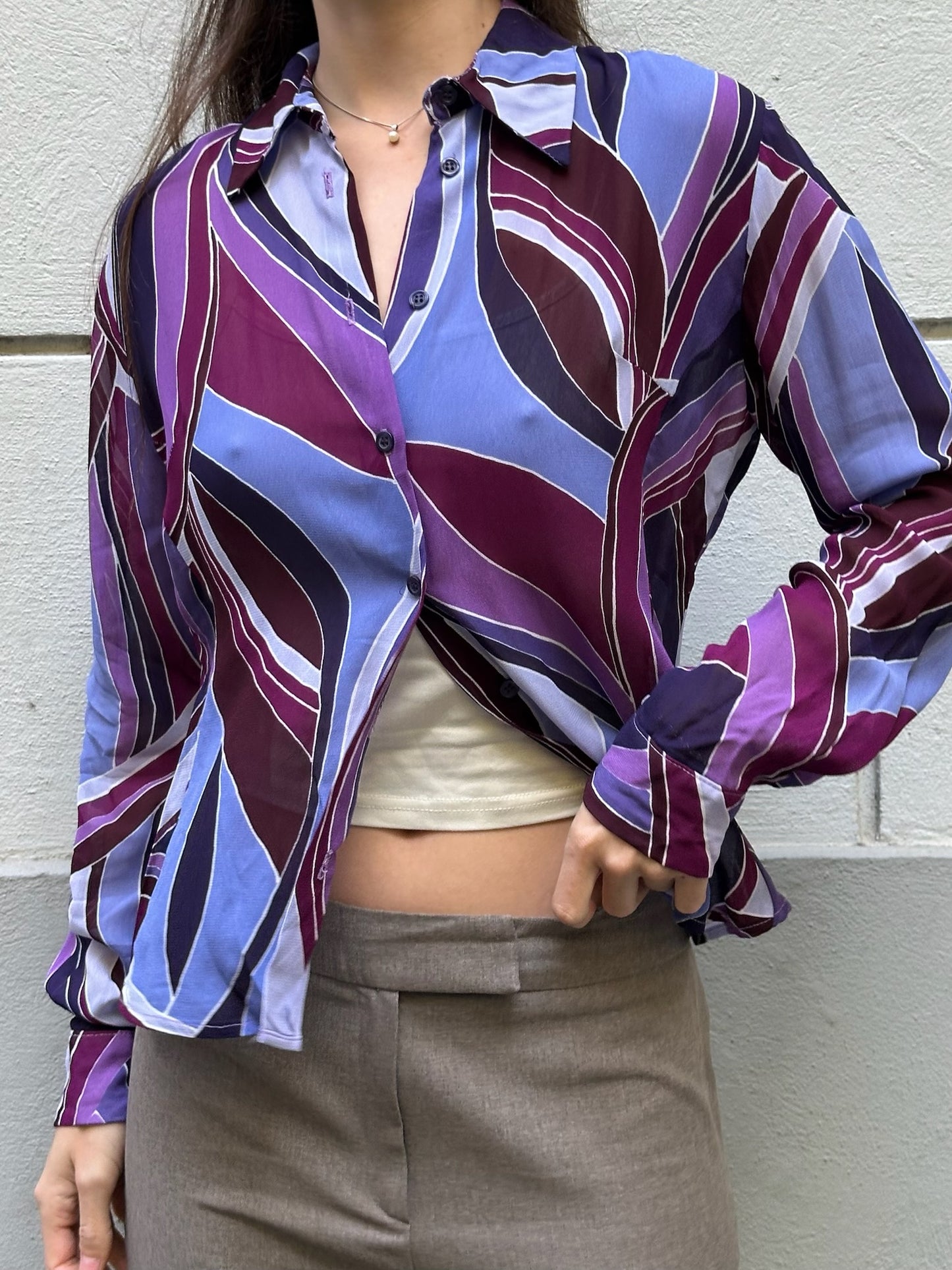 Vintage 100% Viscose Purple Long Sleeve Button Down Blouse S/M