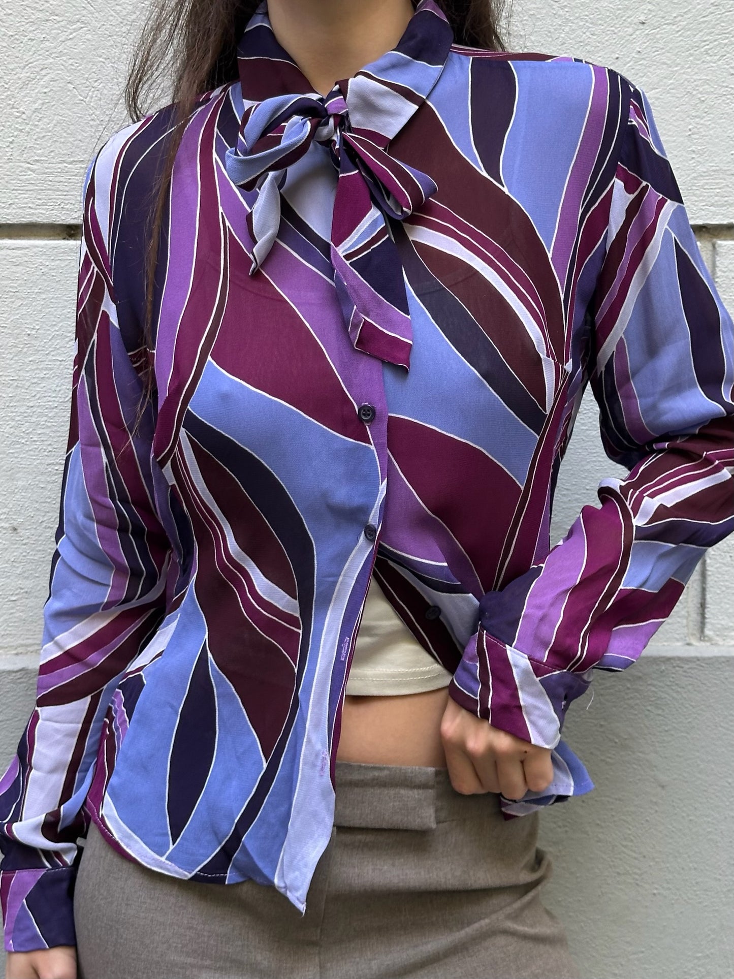 Vintage 100% Viscose Purple Long Sleeve Button Down Blouse S/M