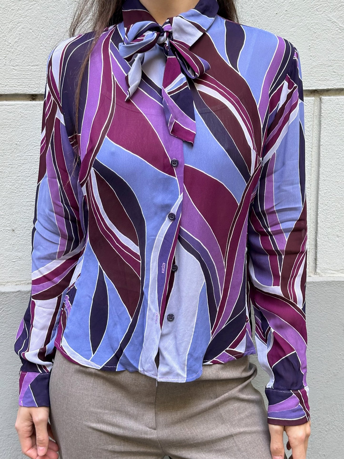 Vintage 100% Viscose Purple Long Sleeve Button Down Blouse S/M