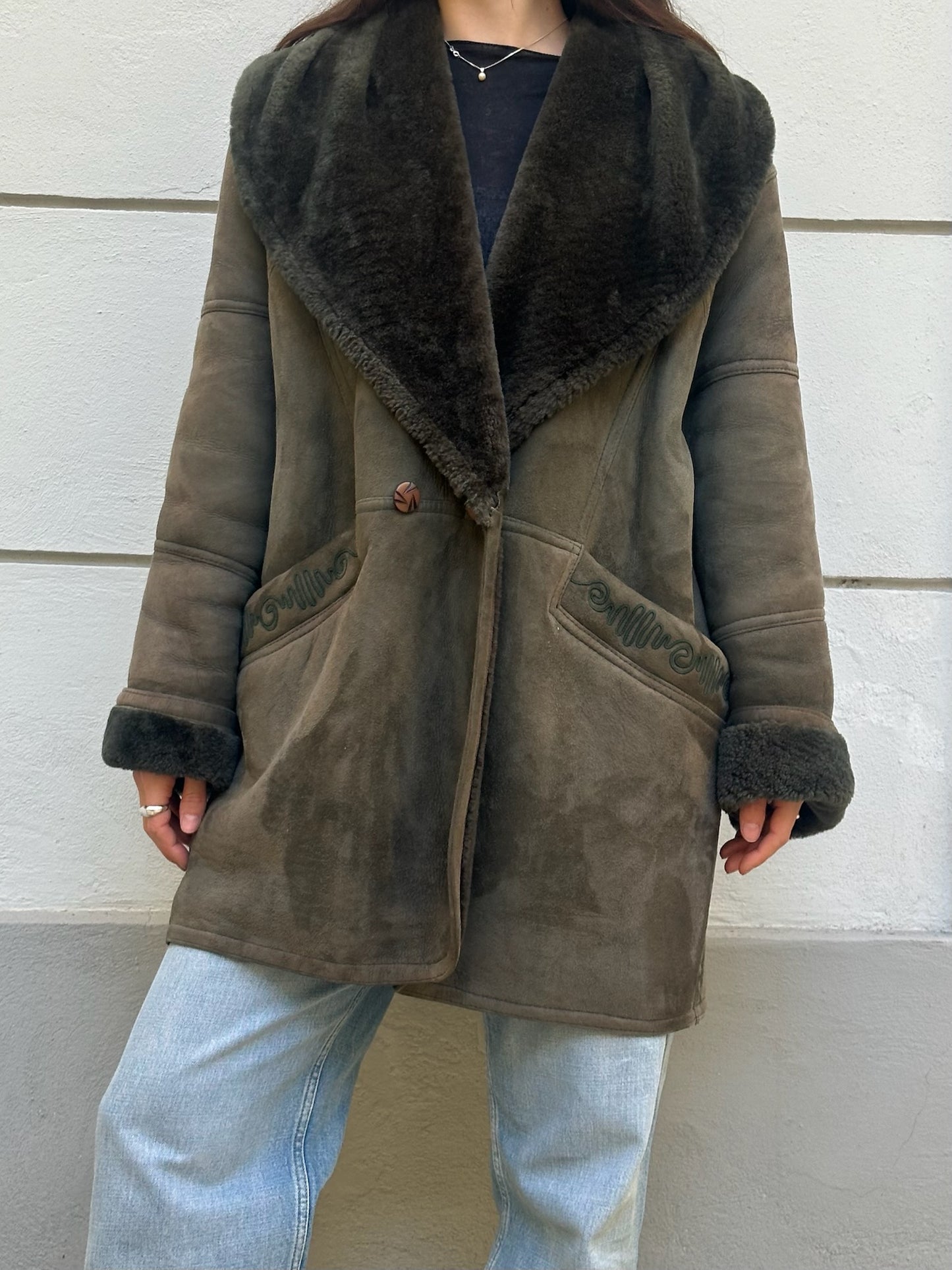 Vintage Dark Green 100% Genuine Shearling Coat M