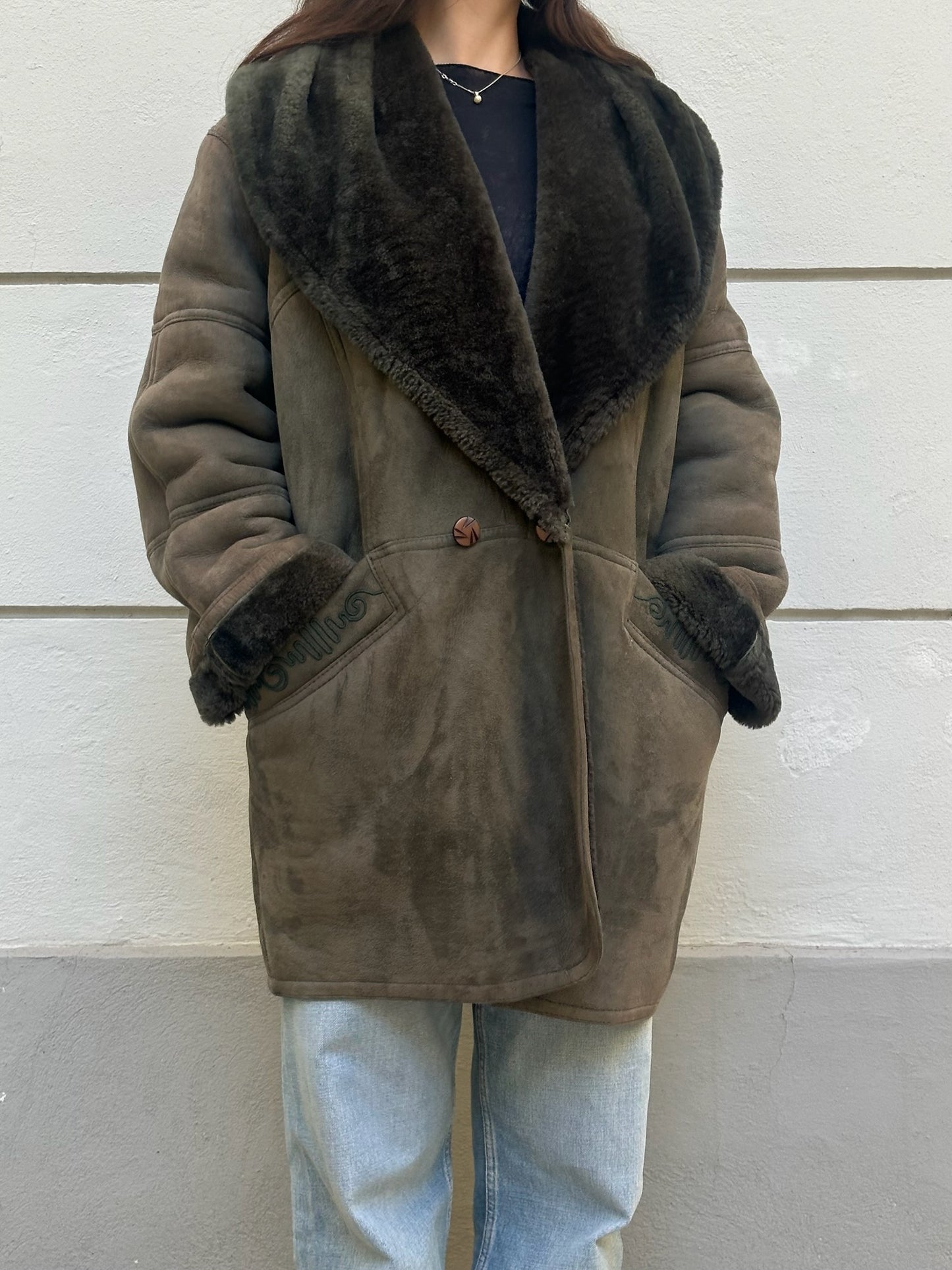Vintage Dark Green 100% Genuine Shearling Coat M
