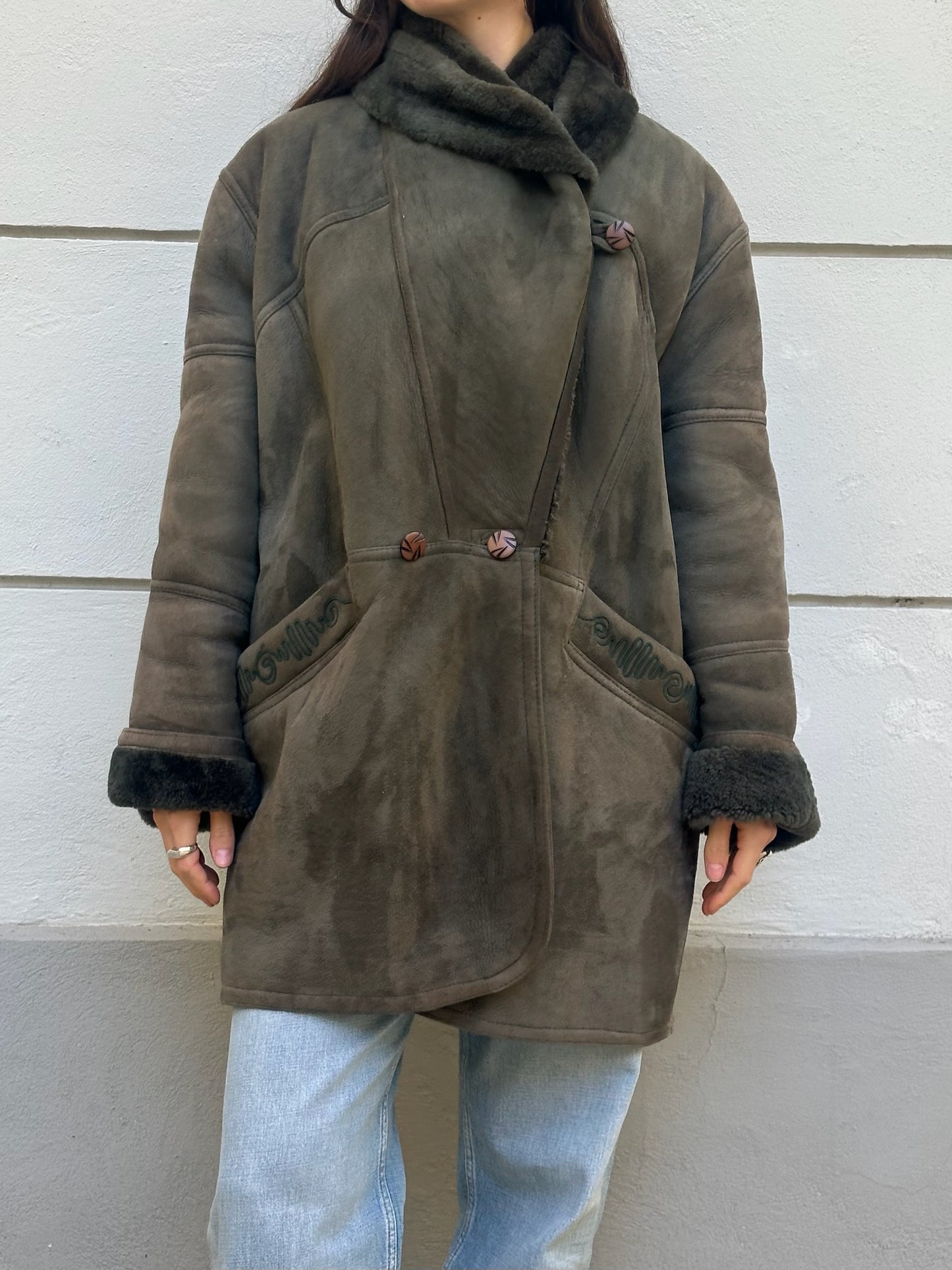 Vintage Dark Green 100% Genuine Shearling Coat M