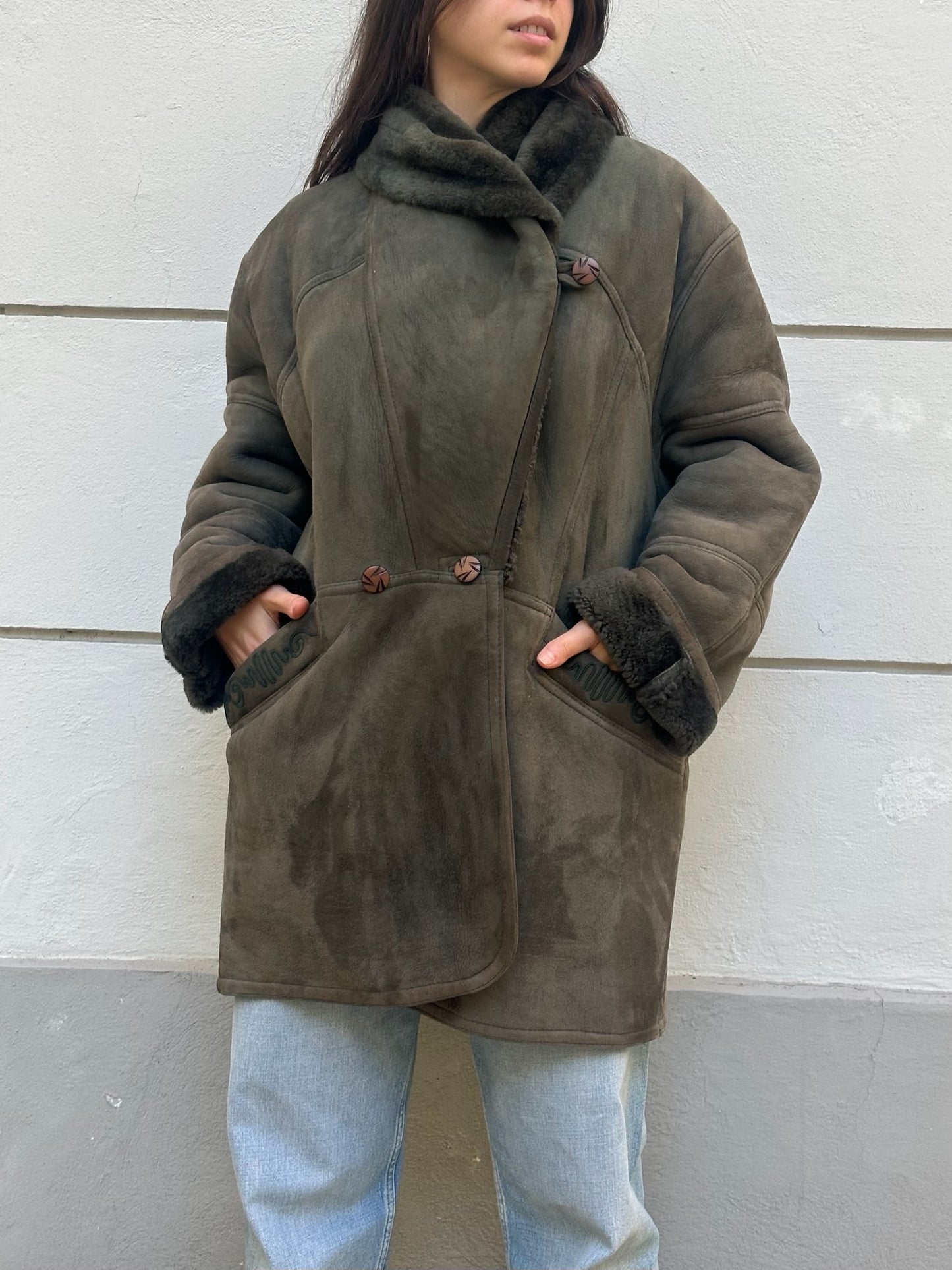 Vintage Dark Green 100% Genuine Shearling Coat M
