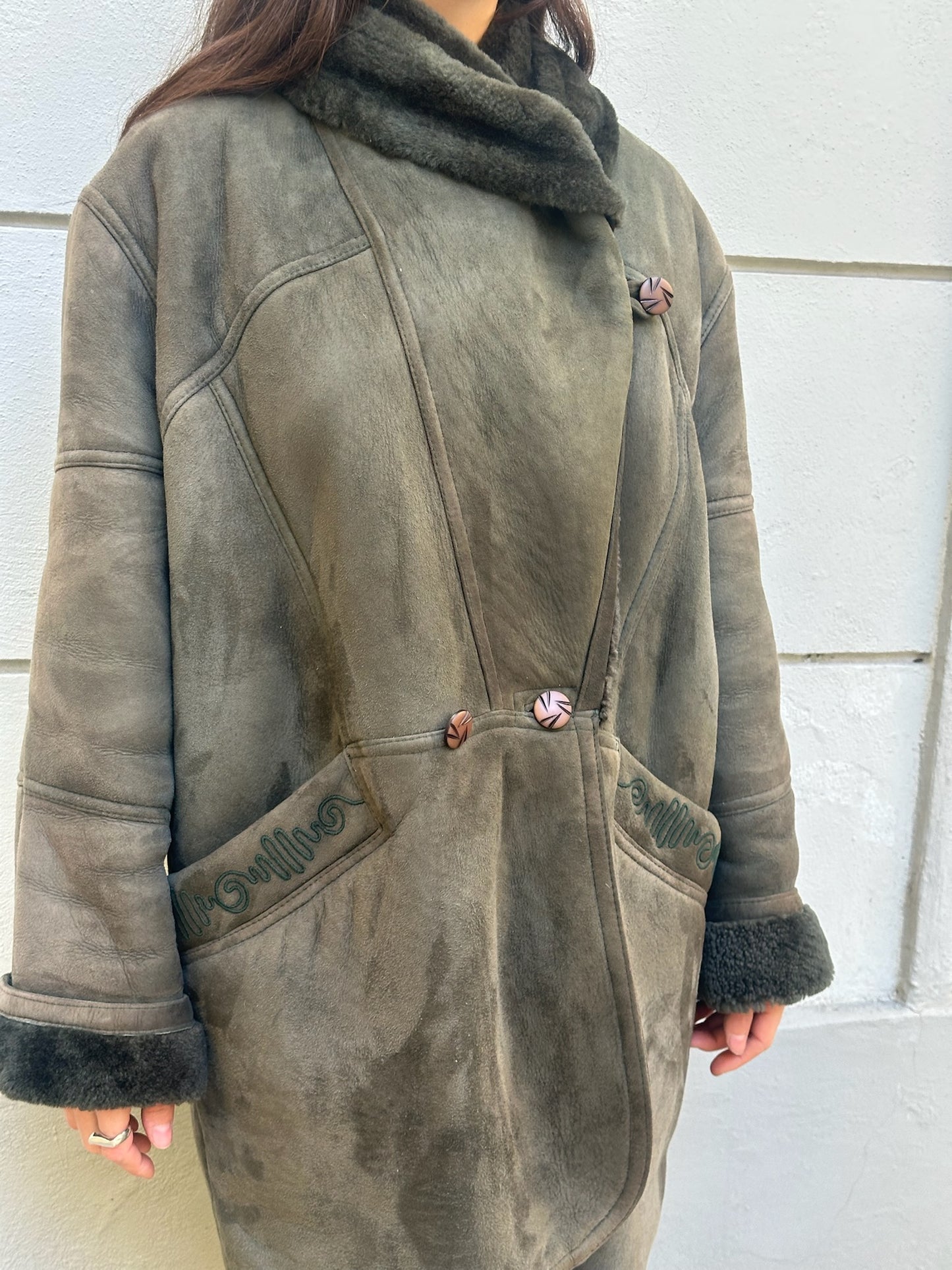 Vintage Dark Green 100% Genuine Shearling Coat M