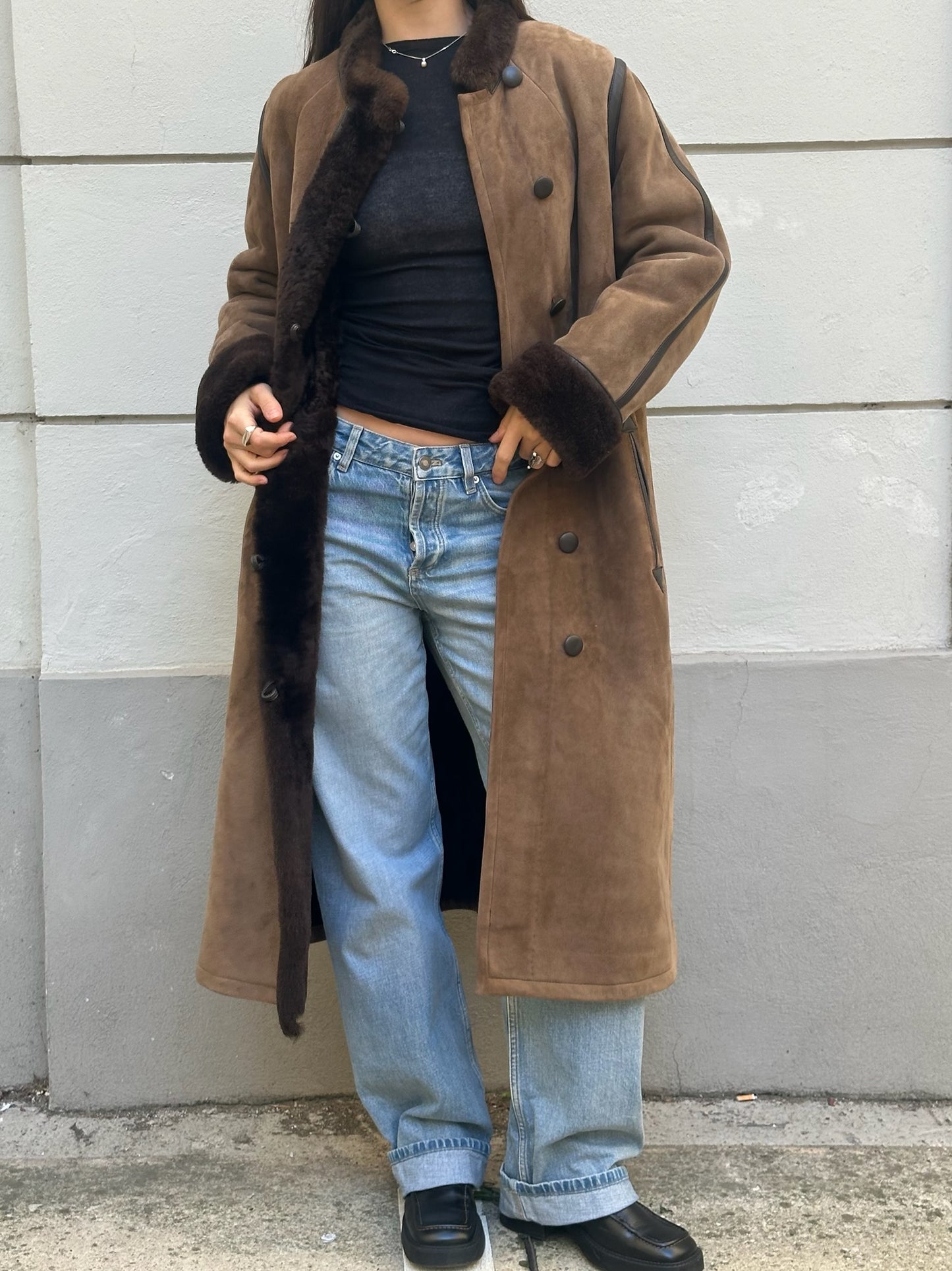 Vintage 100% Genuine Shearling Long Brown Coat S/M
