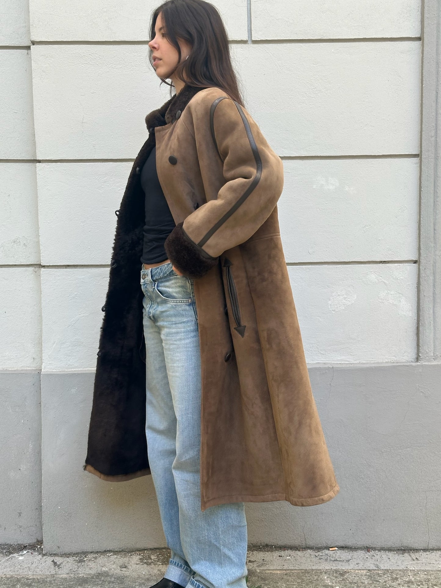 Vintage 100% Genuine Shearling Long Brown Coat S/M