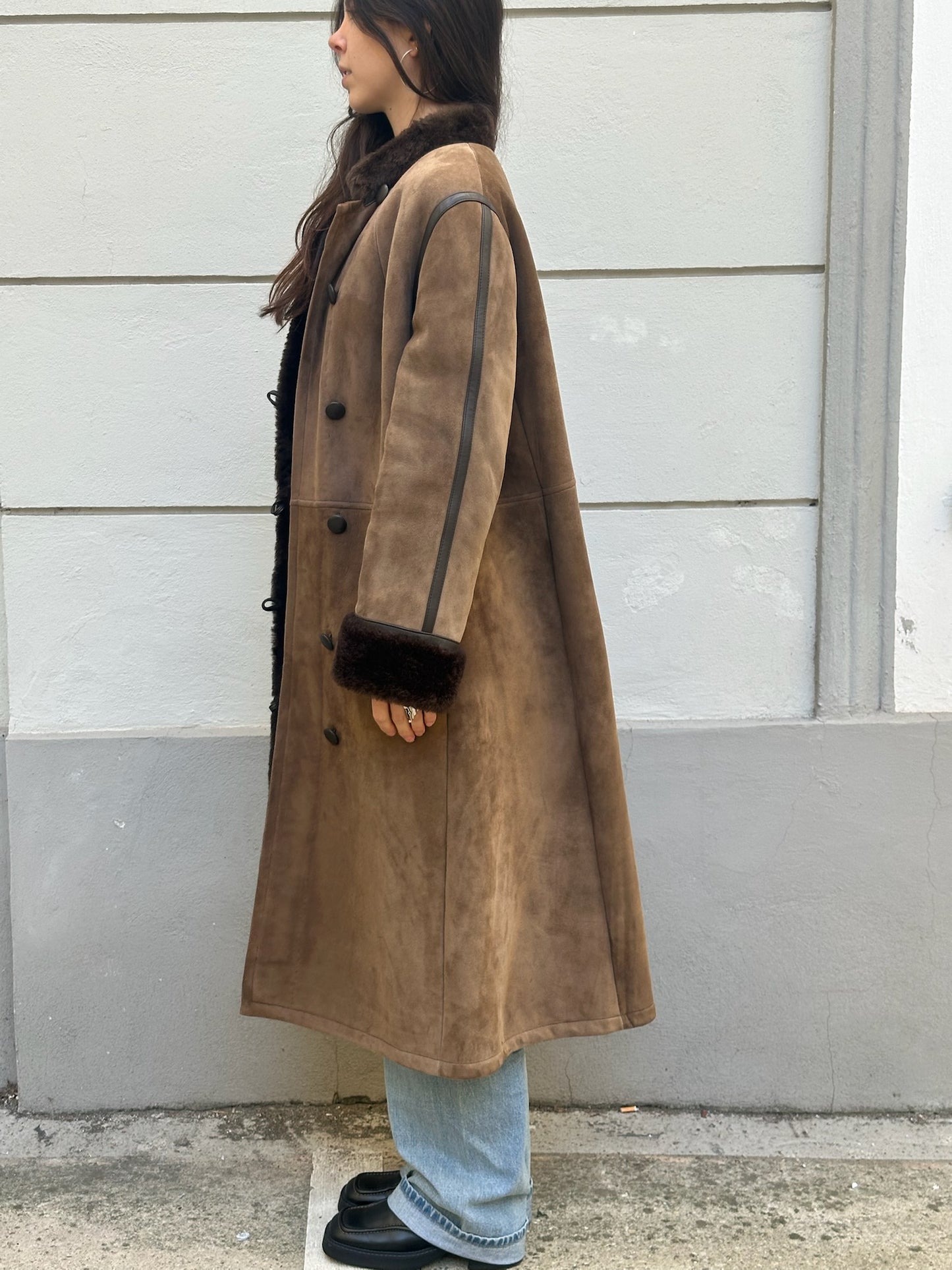 Vintage 100% Genuine Shearling Long Brown Coat S/M