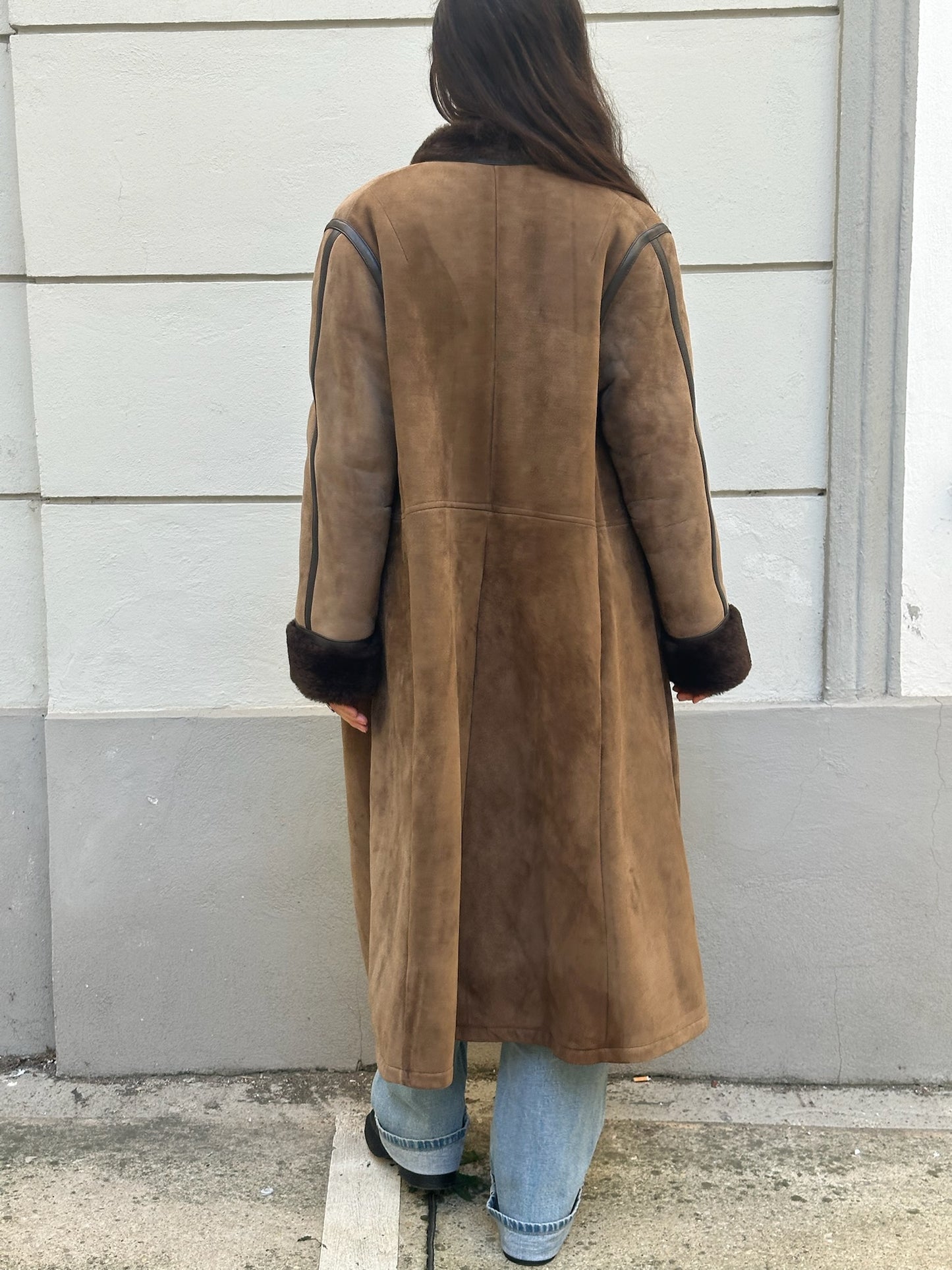 Vintage 100% Genuine Shearling Long Brown Coat S/M