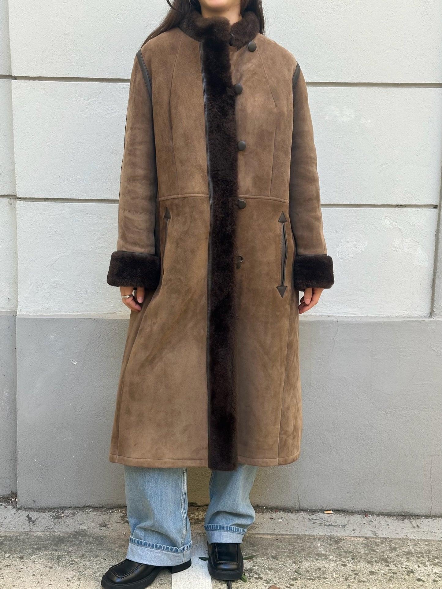 Vintage 100% Genuine Shearling Long Brown Coat S/M