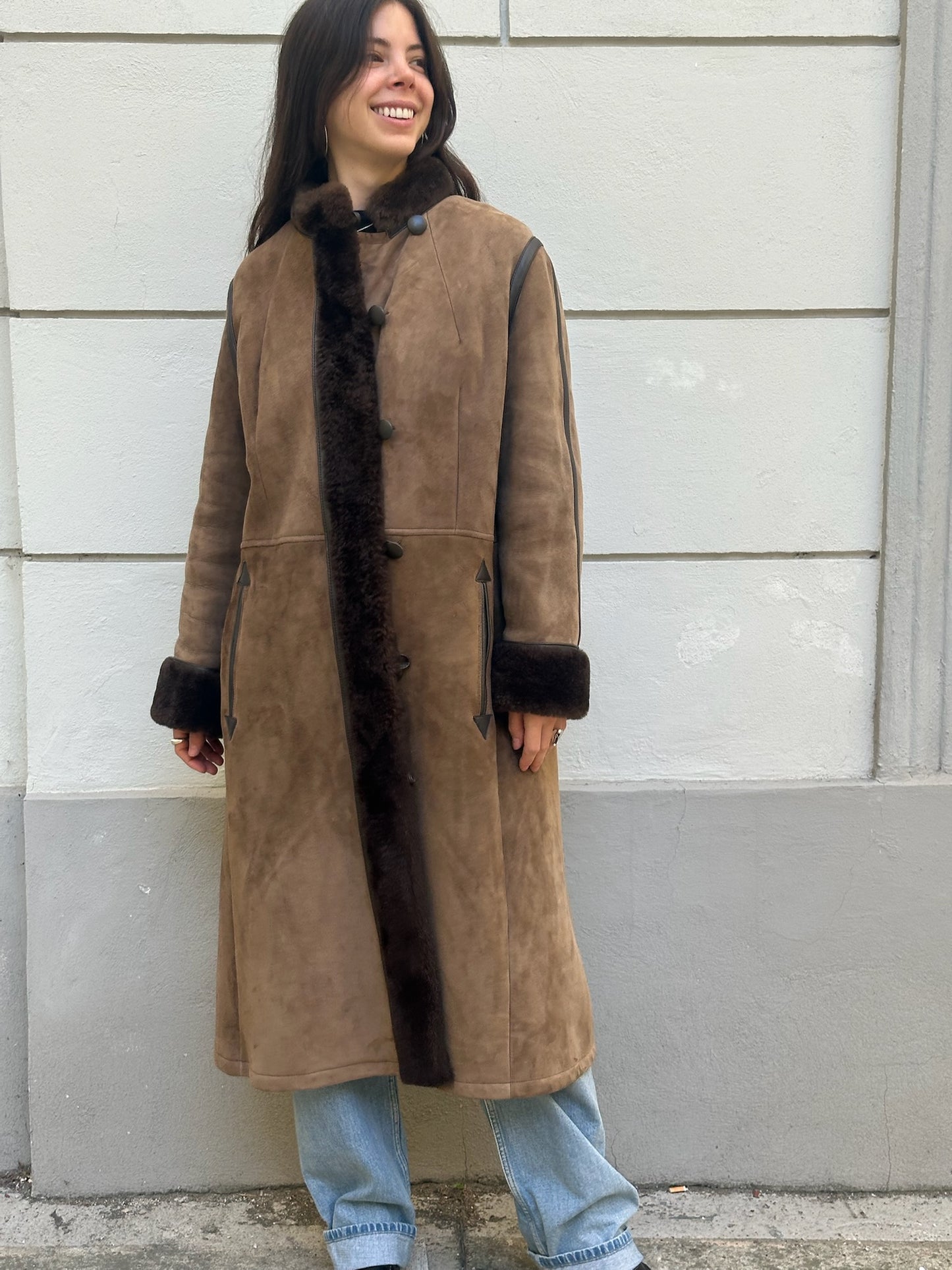 Vintage 100% Genuine Shearling Long Brown Coat S/M
