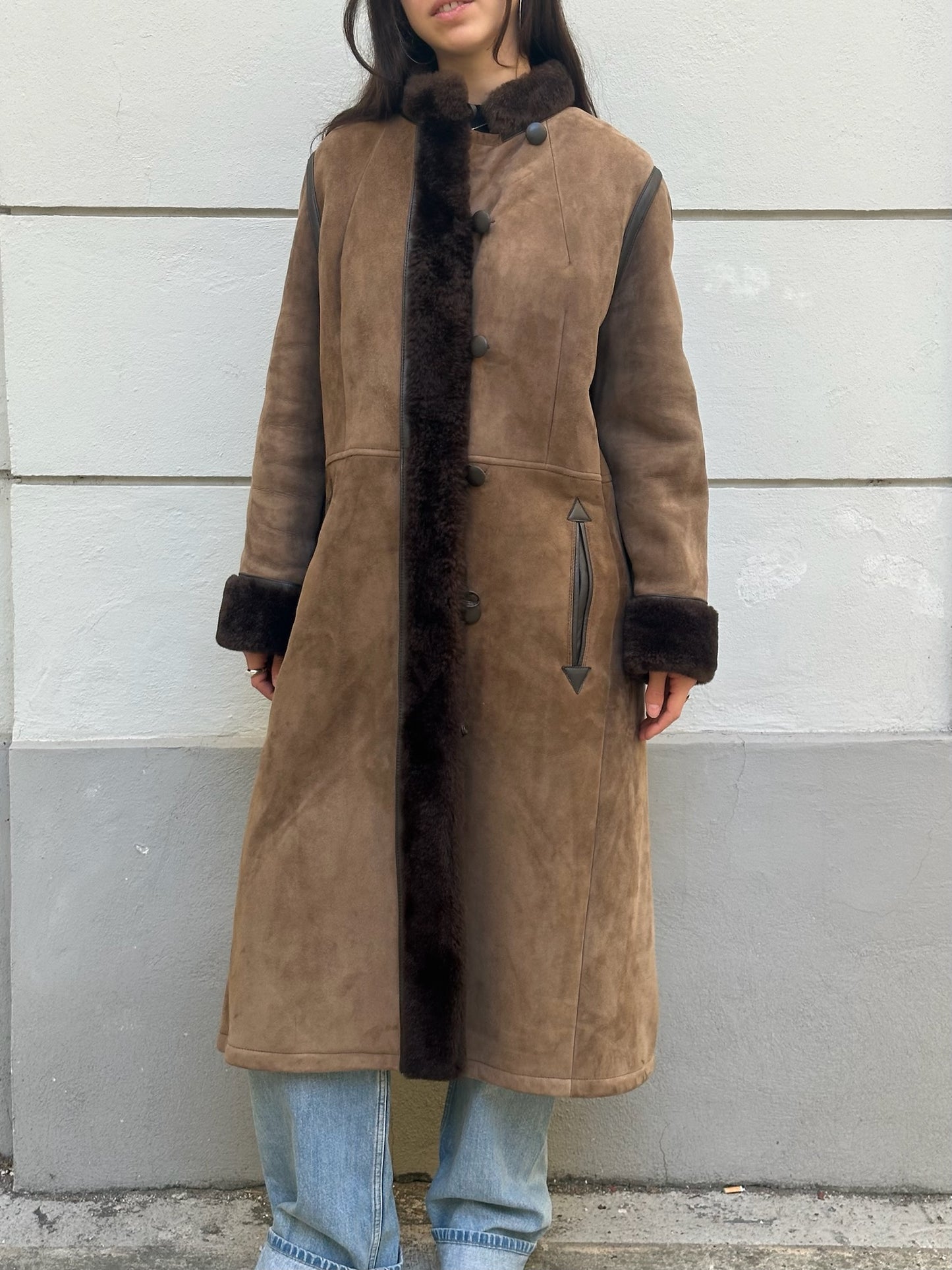 Vintage 100% Genuine Shearling Long Brown Coat S/M
