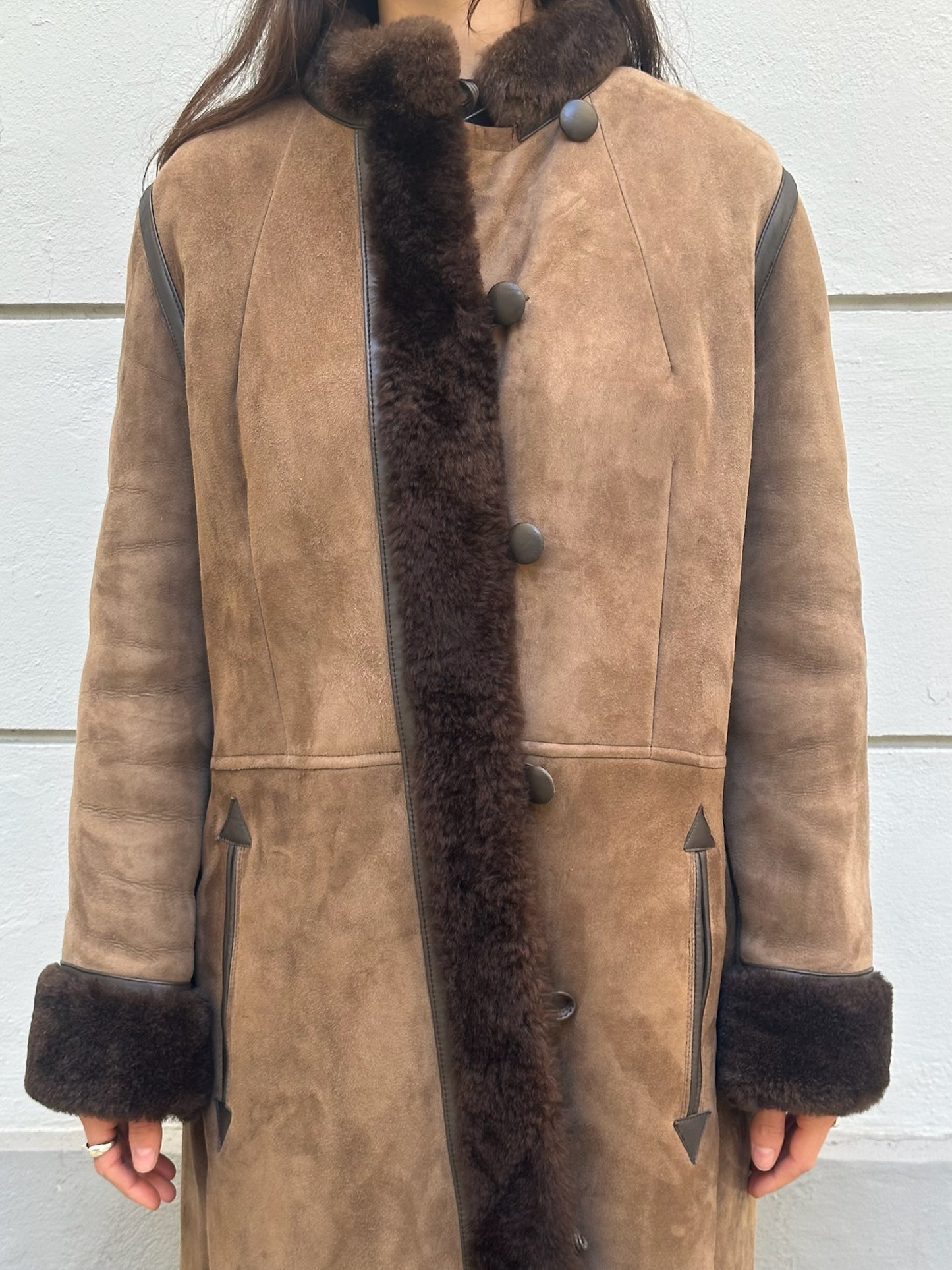 Vintage 100% Genuine Shearling Long Brown Coat S/M