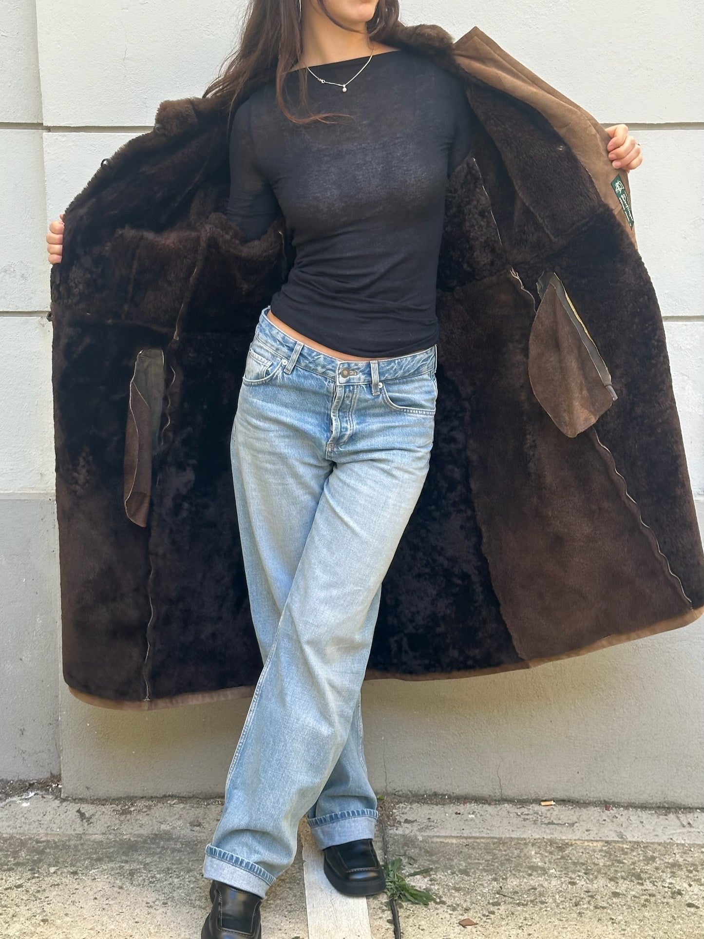 Vintage 100% Genuine Shearling Long Brown Coat S/M